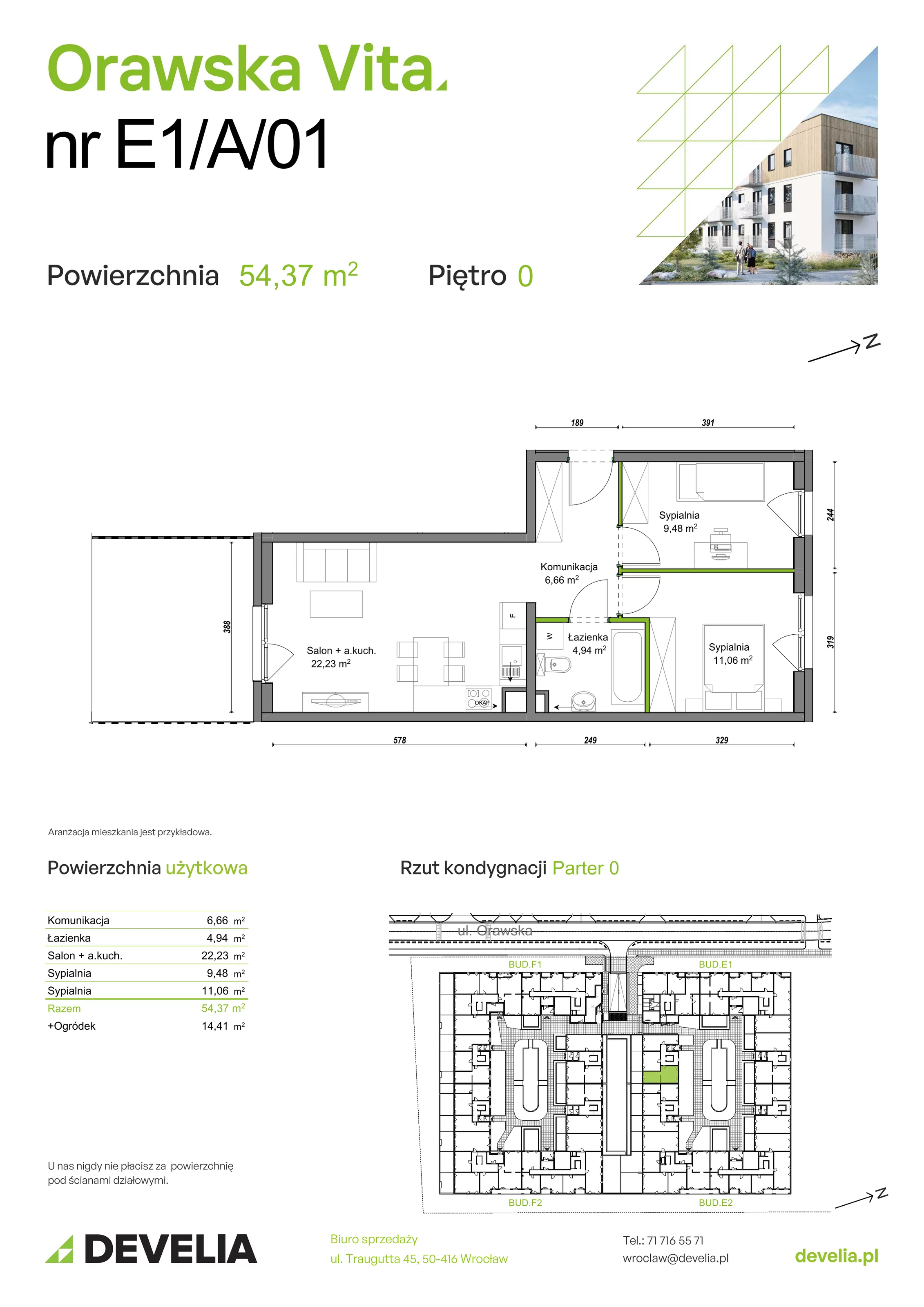 3 pokoje, mieszkanie 54,37 m², parter, oferta nr E1/A/01, Orawska Vita III, Wrocław, Ołtaszyn, Krzyki, ul. Orawska