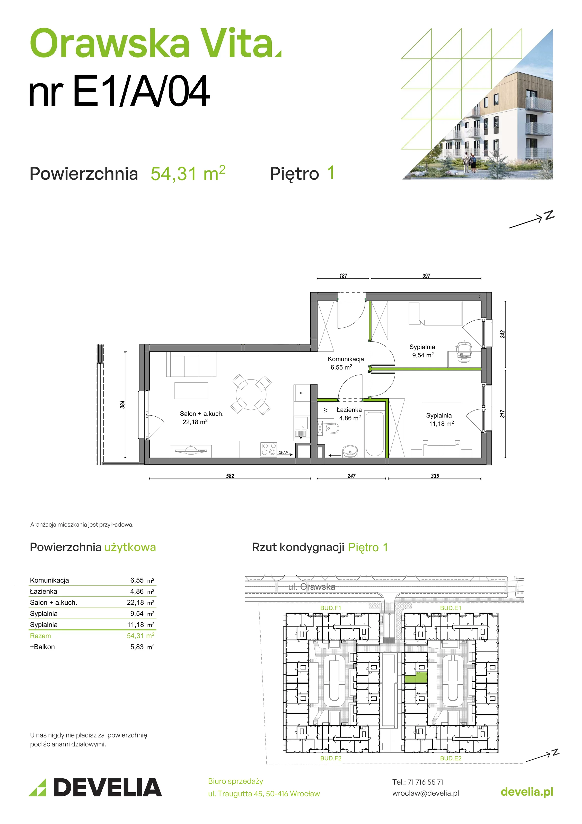 3 pokoje, mieszkanie 54,31 m², piętro 1, oferta nr E1/A/04, Orawska Vita III, Wrocław, Ołtaszyn, Krzyki, ul. Orawska