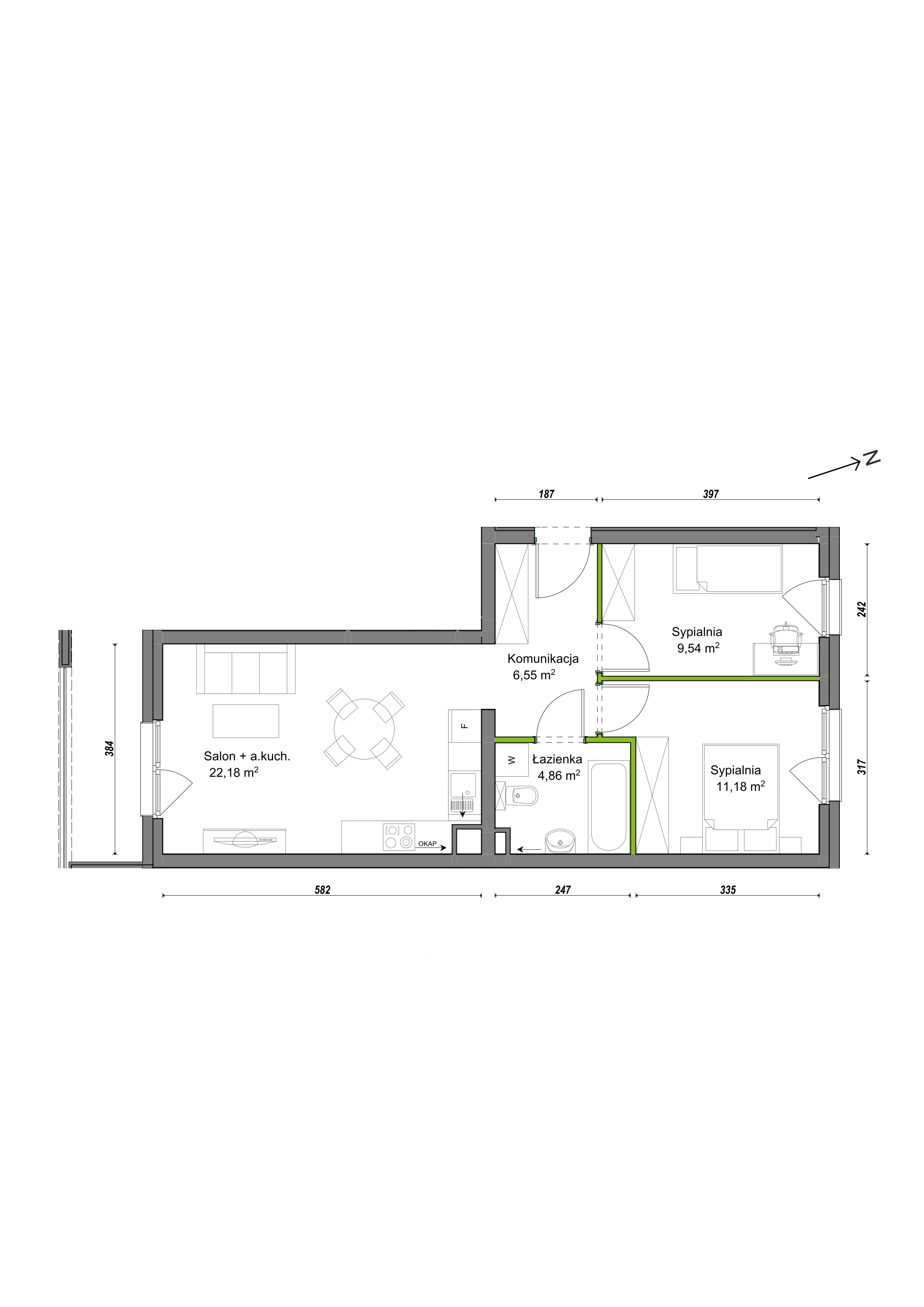 3 pokoje, mieszkanie 54,31 m², piętro 2, oferta nr E1/A/07, Orawska Vita III, Wrocław, Ołtaszyn, Krzyki, ul. Orawska