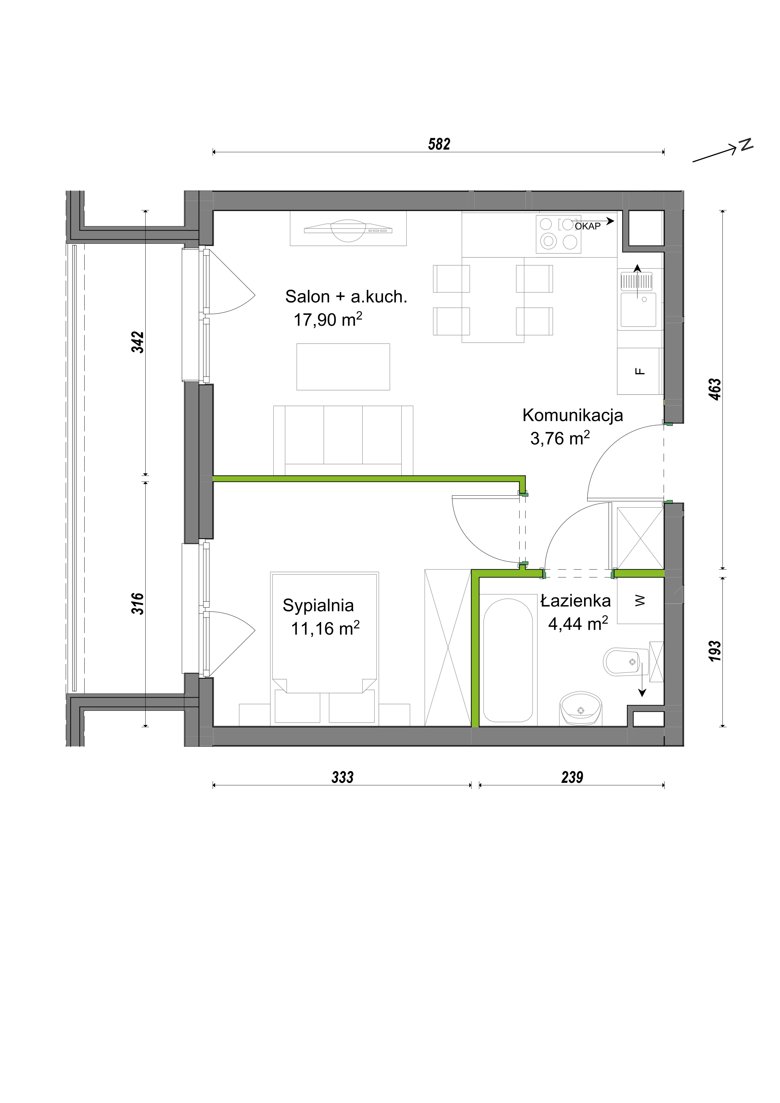 2 pokoje, mieszkanie 37,26 m², piętro 2, oferta nr E1/A/08, Orawska Vita III, Wrocław, Ołtaszyn, Krzyki, ul. Orawska