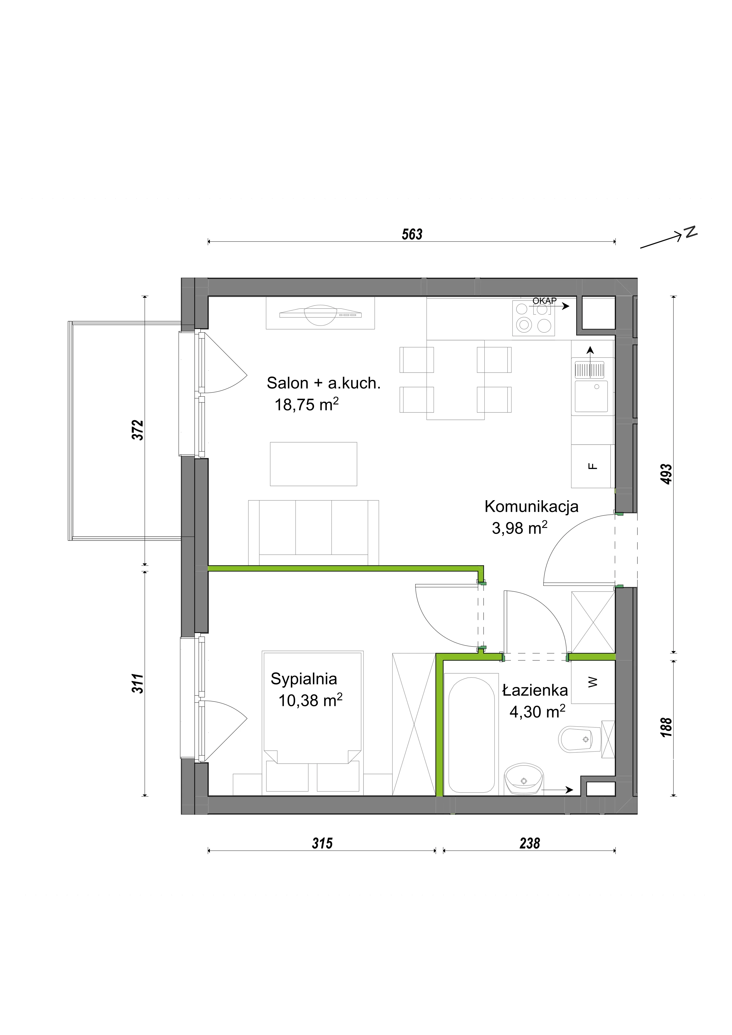 2 pokoje, mieszkanie 37,41 m², piętro 1, oferta nr E1/B/05, Orawska Vita III, Wrocław, Ołtaszyn, Krzyki, ul. Orawska