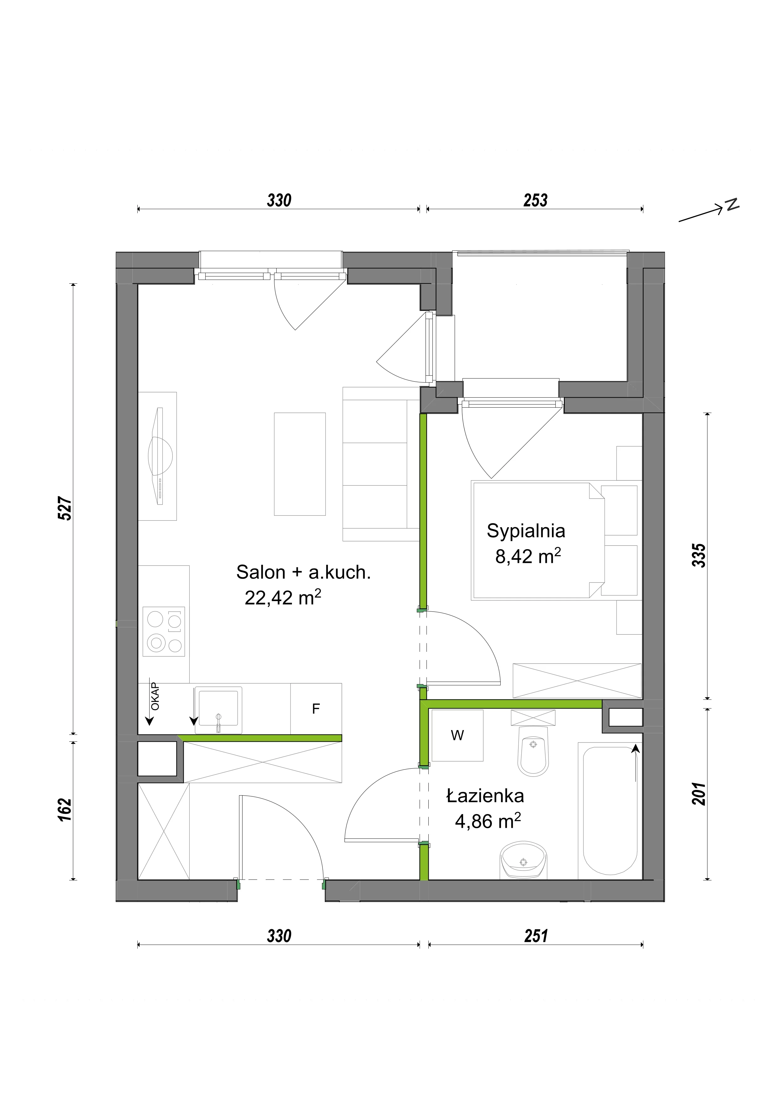 2 pokoje, mieszkanie 35,70 m², piętro 1, oferta nr E1/B/07, Orawska Vita III, Wrocław, Ołtaszyn, Krzyki, ul. Orawska
