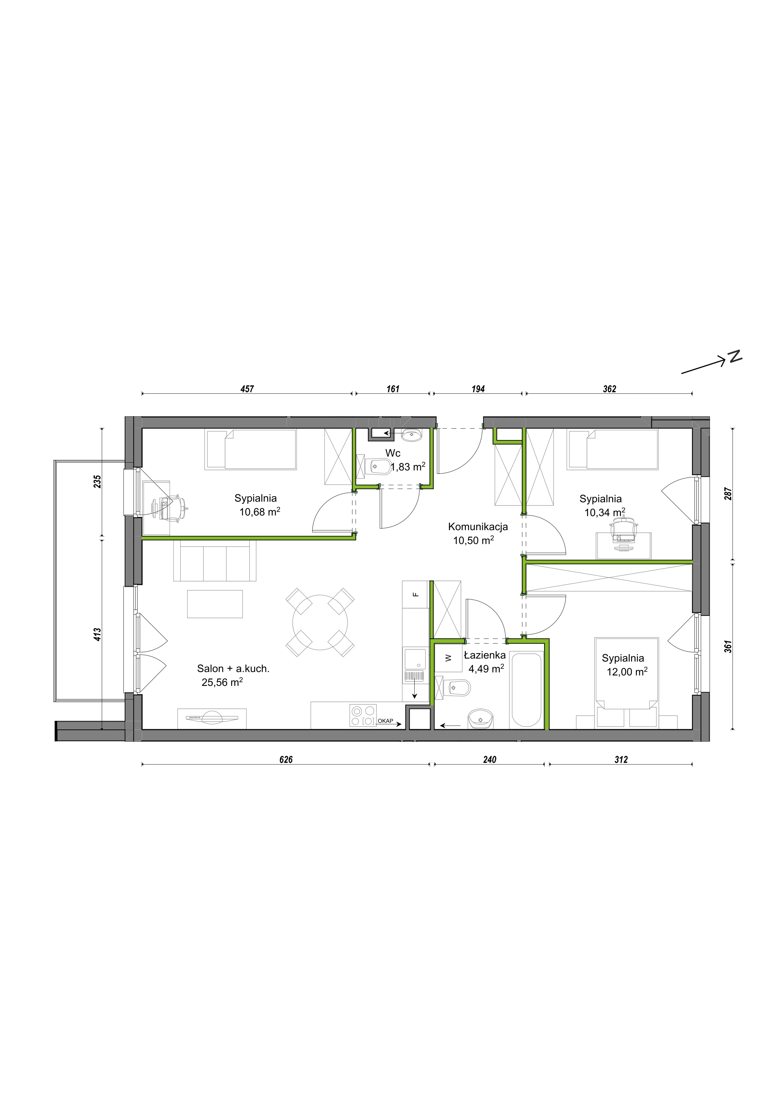 4 pokoje, mieszkanie 75,64 m², piętro 2, oferta nr E1/B/09, Orawska Vita III, Wrocław, Ołtaszyn, Krzyki, ul. Orawska