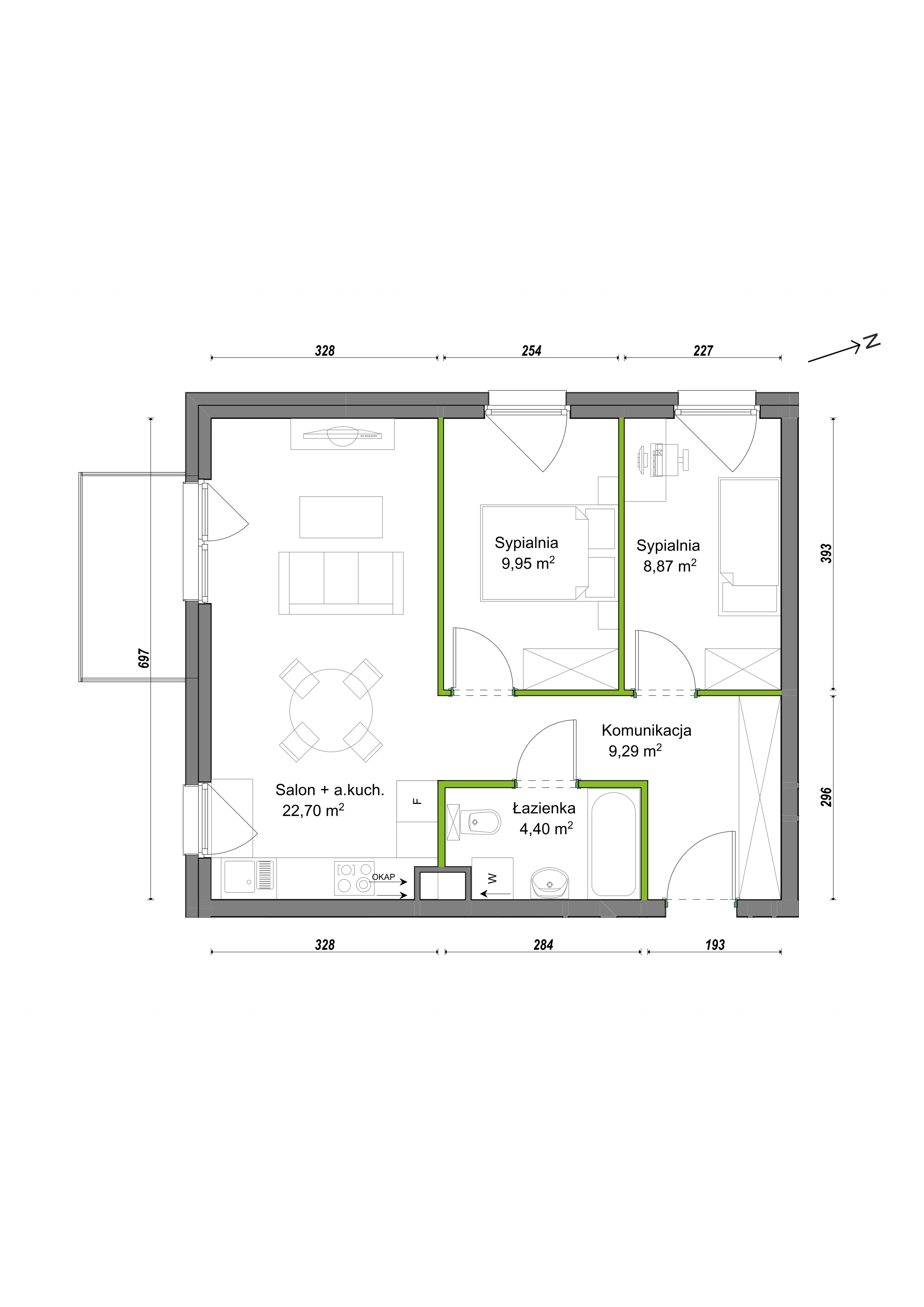 3 pokoje, mieszkanie 55,21 m², piętro 2, oferta nr E1/B/11, Orawska Vita III, Wrocław, Ołtaszyn, Krzyki, ul. Orawska