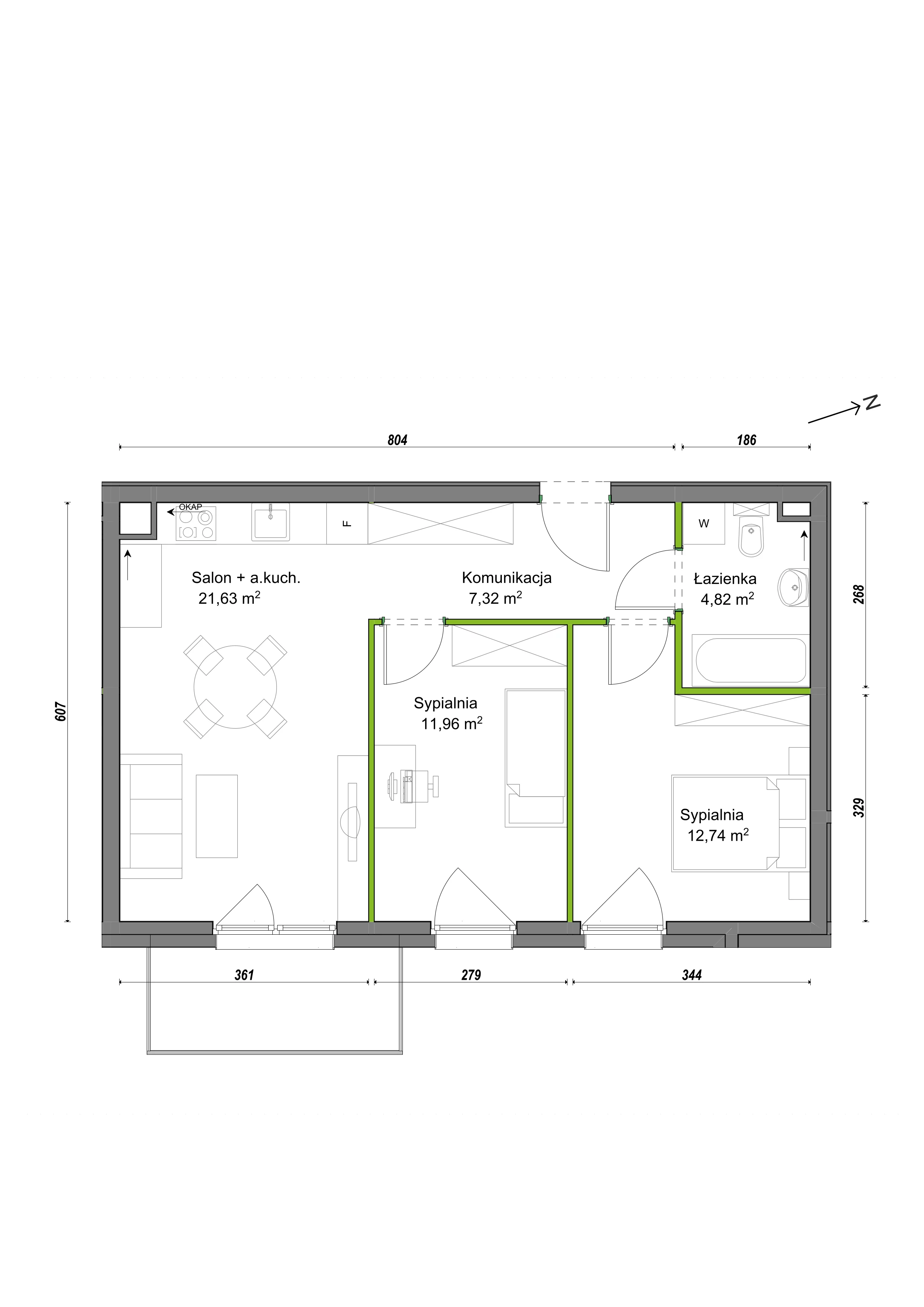 3 pokoje, mieszkanie 58,47 m², piętro 1, oferta nr E1/C/07, Orawska Vita III, Wrocław, Ołtaszyn, Krzyki, ul. Orawska