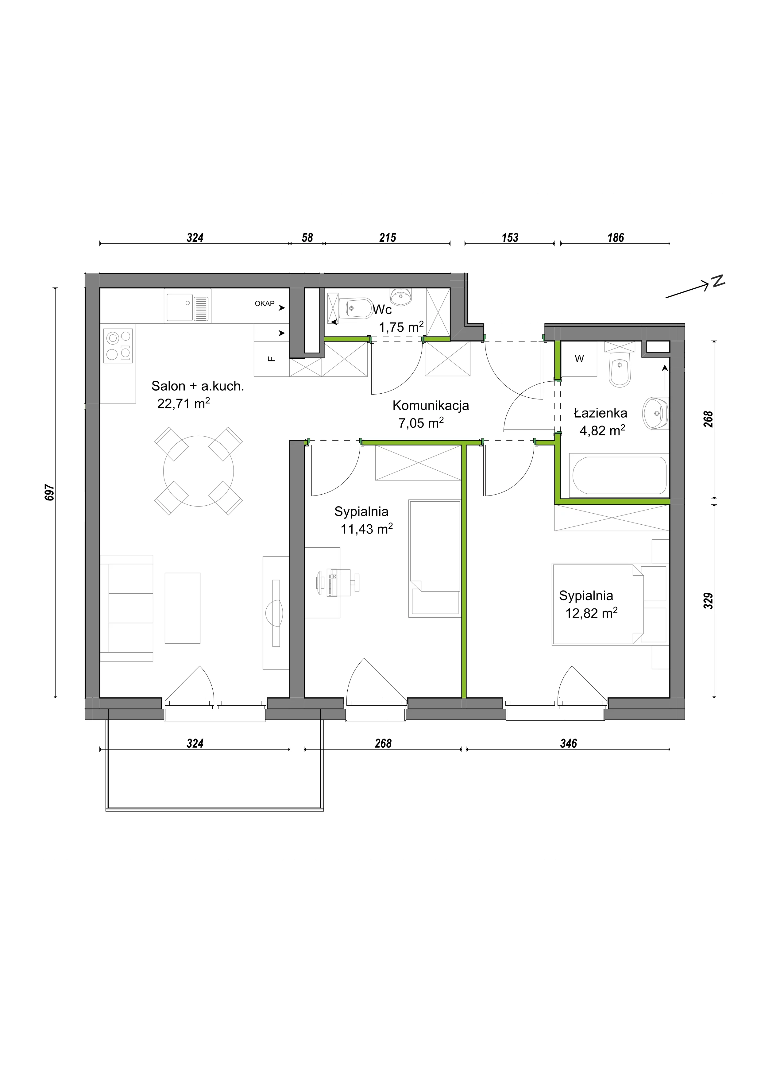 3 pokoje, mieszkanie 60,58 m², piętro 1, oferta nr E1/C/08, Orawska Vita III, Wrocław, Ołtaszyn, Krzyki, ul. Orawska