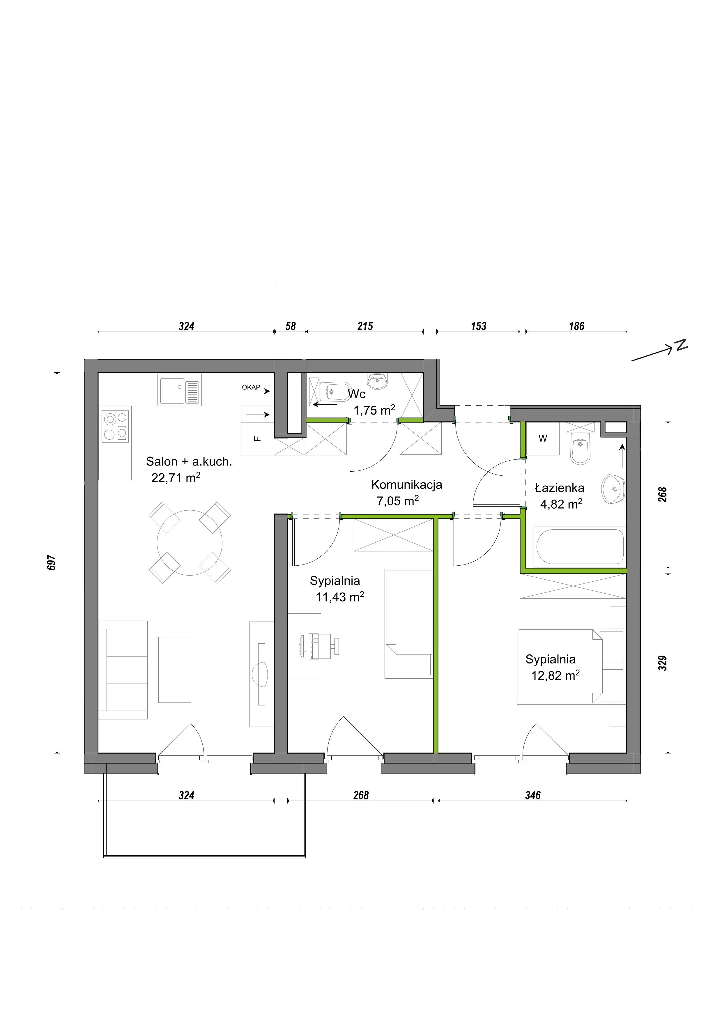 3 pokoje, mieszkanie 60,58 m², piętro 2, oferta nr E1/C/15, Orawska Vita III, Wrocław, Ołtaszyn, Krzyki, ul. Orawska