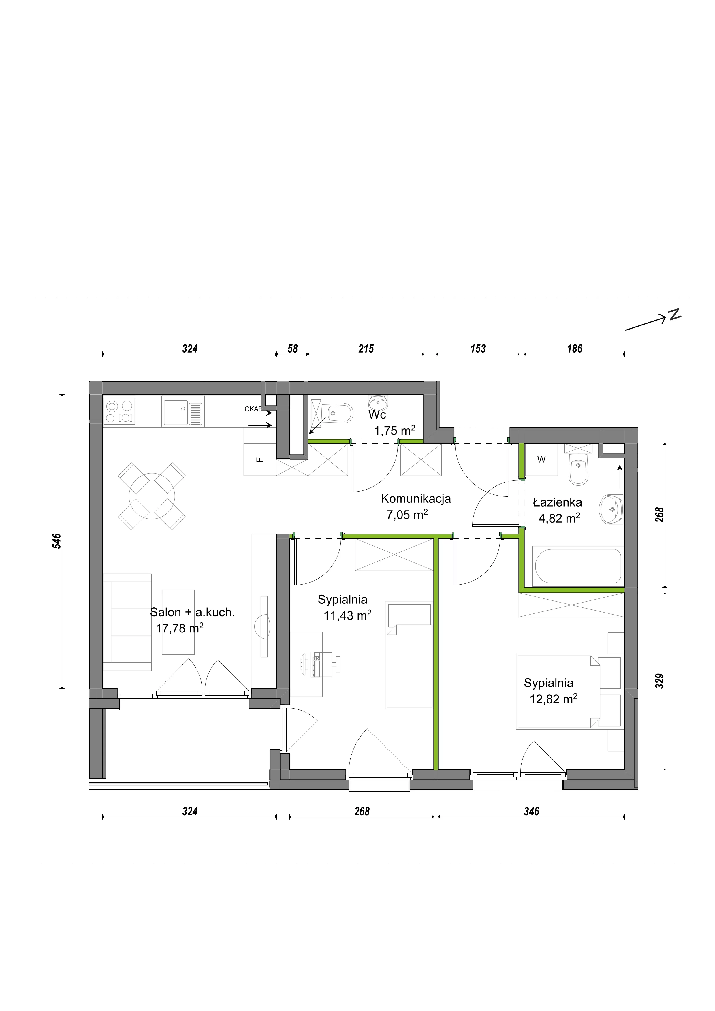 3 pokoje, mieszkanie 55,65 m², piętro 1, oferta nr E2/F/11, Orawska Vita III, Wrocław, Ołtaszyn, Krzyki, ul. Orawska