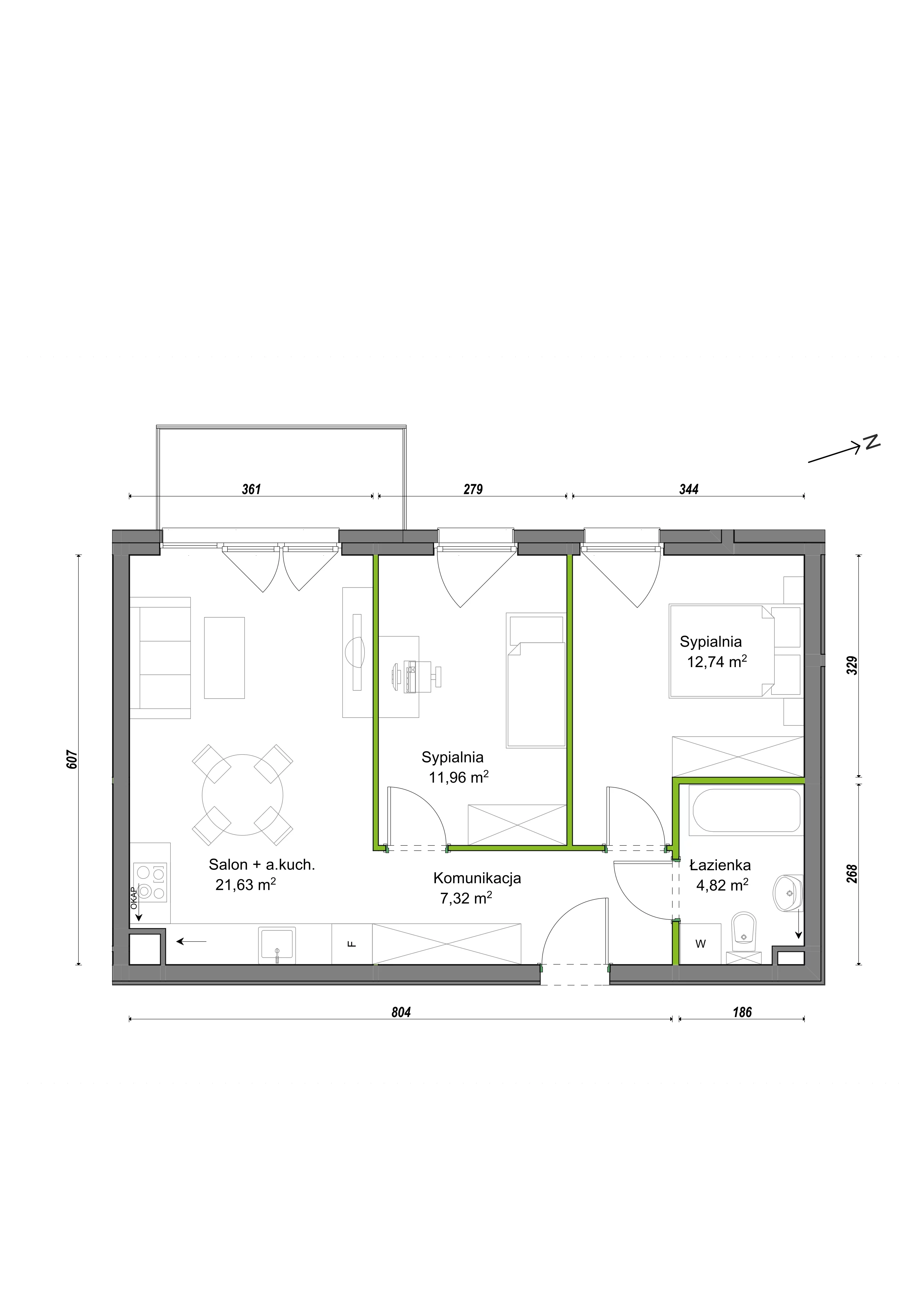 3 pokoje, mieszkanie 58,47 m², piętro 1, oferta nr E2/F/13, Orawska Vita III, Wrocław, Ołtaszyn, Krzyki, ul. Orawska