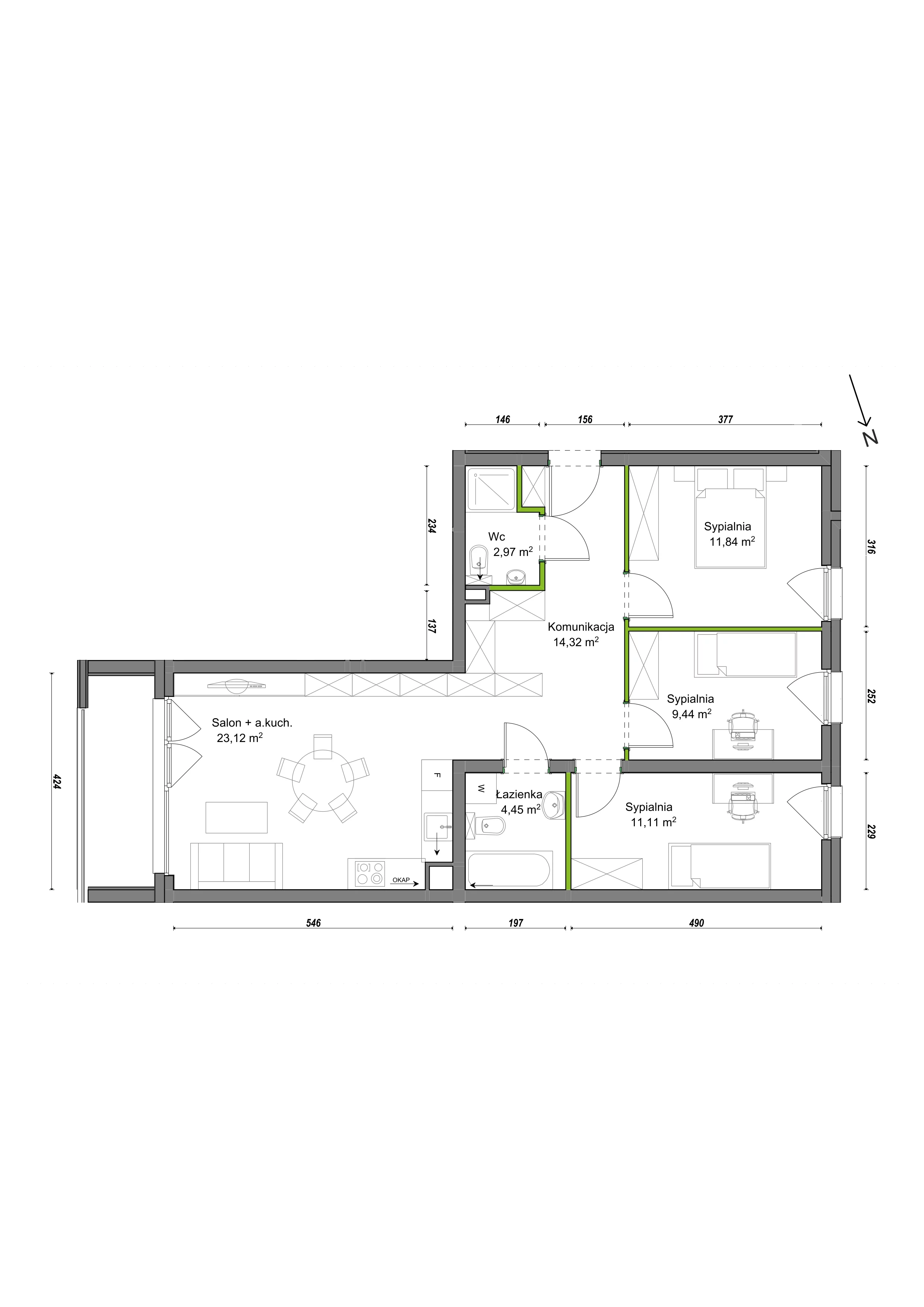 4 pokoje, mieszkanie 77,25 m², piętro 1, oferta nr E2/G/06, Orawska Vita III, Wrocław, Ołtaszyn, Krzyki, ul. Orawska