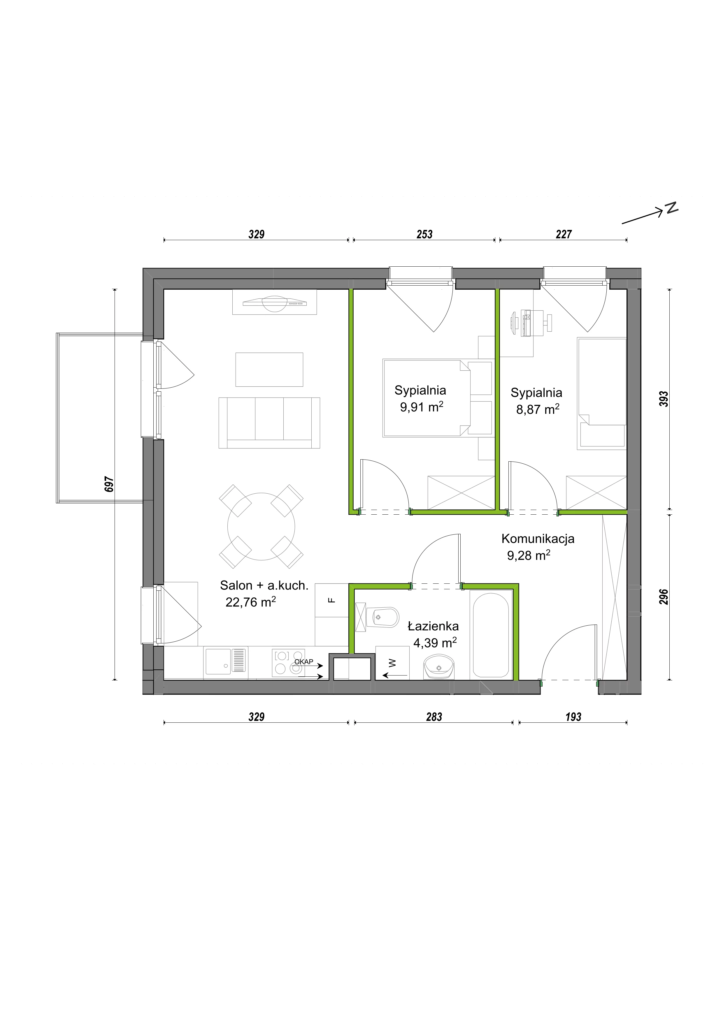 3 pokoje, mieszkanie 55,21 m², piętro 1, oferta nr F1/B/08, Orawska Vita III, Wrocław, Ołtaszyn, Krzyki, ul. Orawska