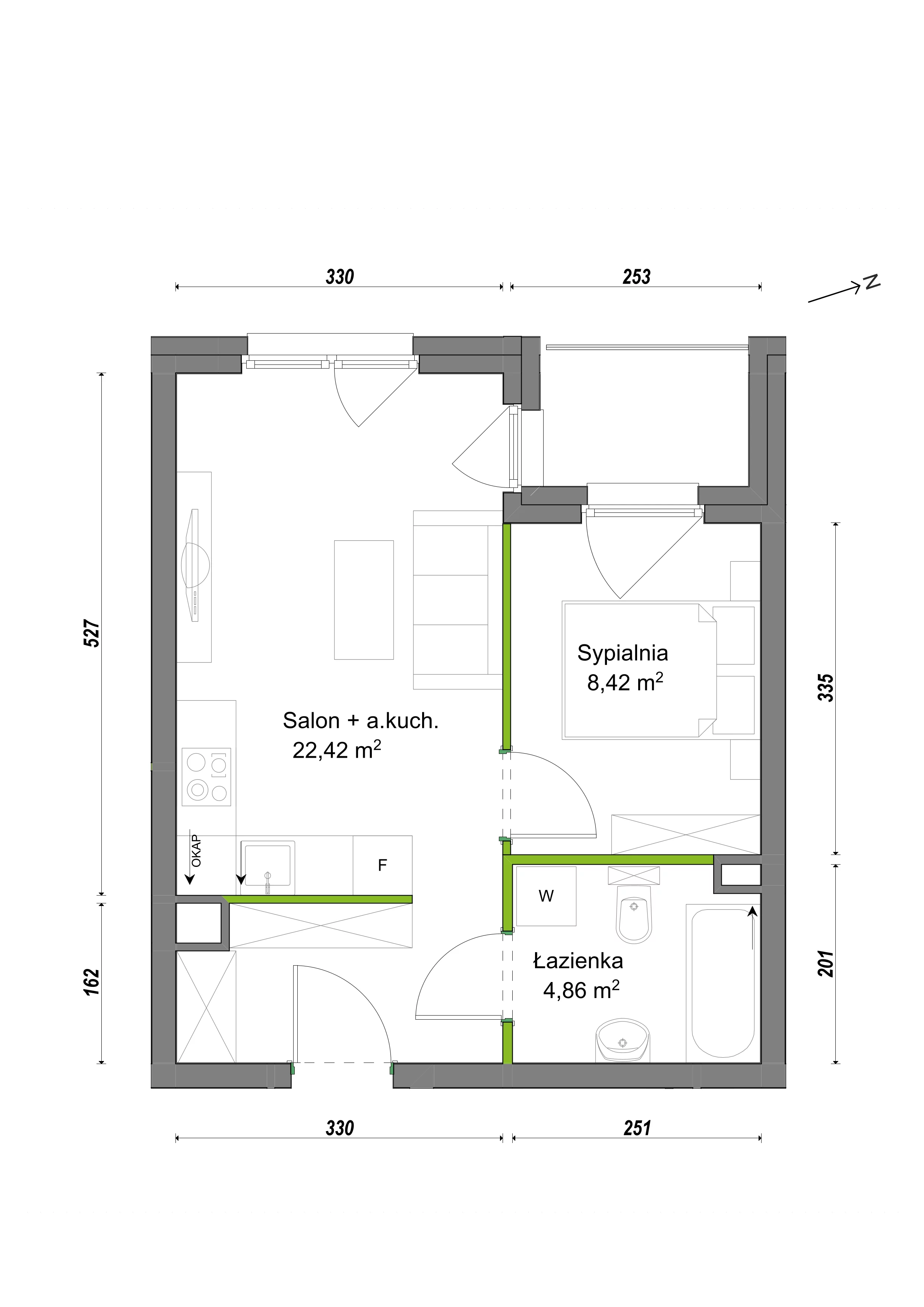 2 pokoje, mieszkanie 35,70 m², piętro 2, oferta nr F1/B/14, Orawska Vita III, Wrocław, Ołtaszyn, Krzyki, ul. Orawska