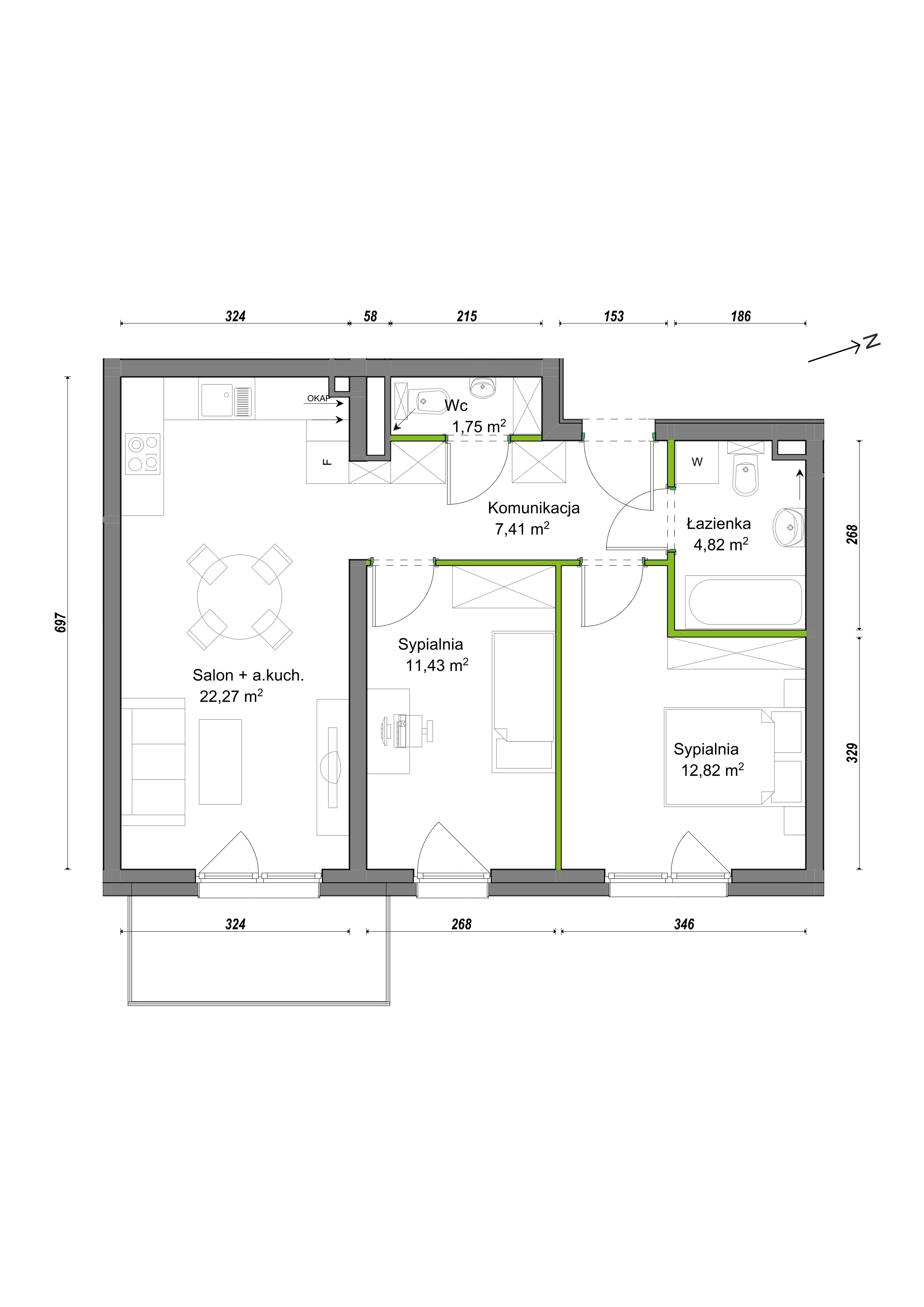 3 pokoje, mieszkanie 60,50 m², piętro 1, oferta nr F1/C/07, Orawska Vita III, Wrocław, Ołtaszyn, Krzyki, ul. Orawska