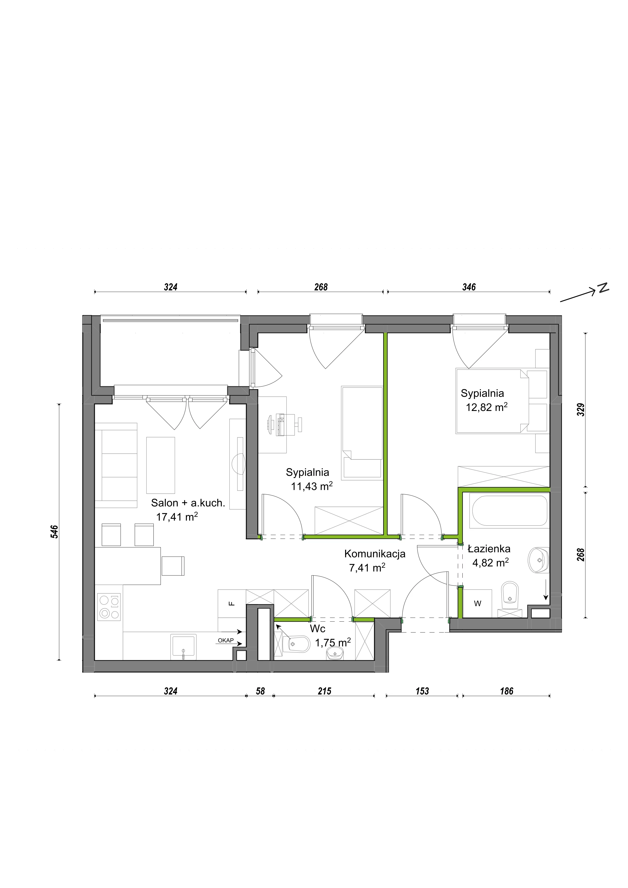 3 pokoje, mieszkanie 55,64 m², piętro 1, oferta nr F1/C/08, Orawska Vita III, Wrocław, Ołtaszyn, Krzyki, ul. Orawska