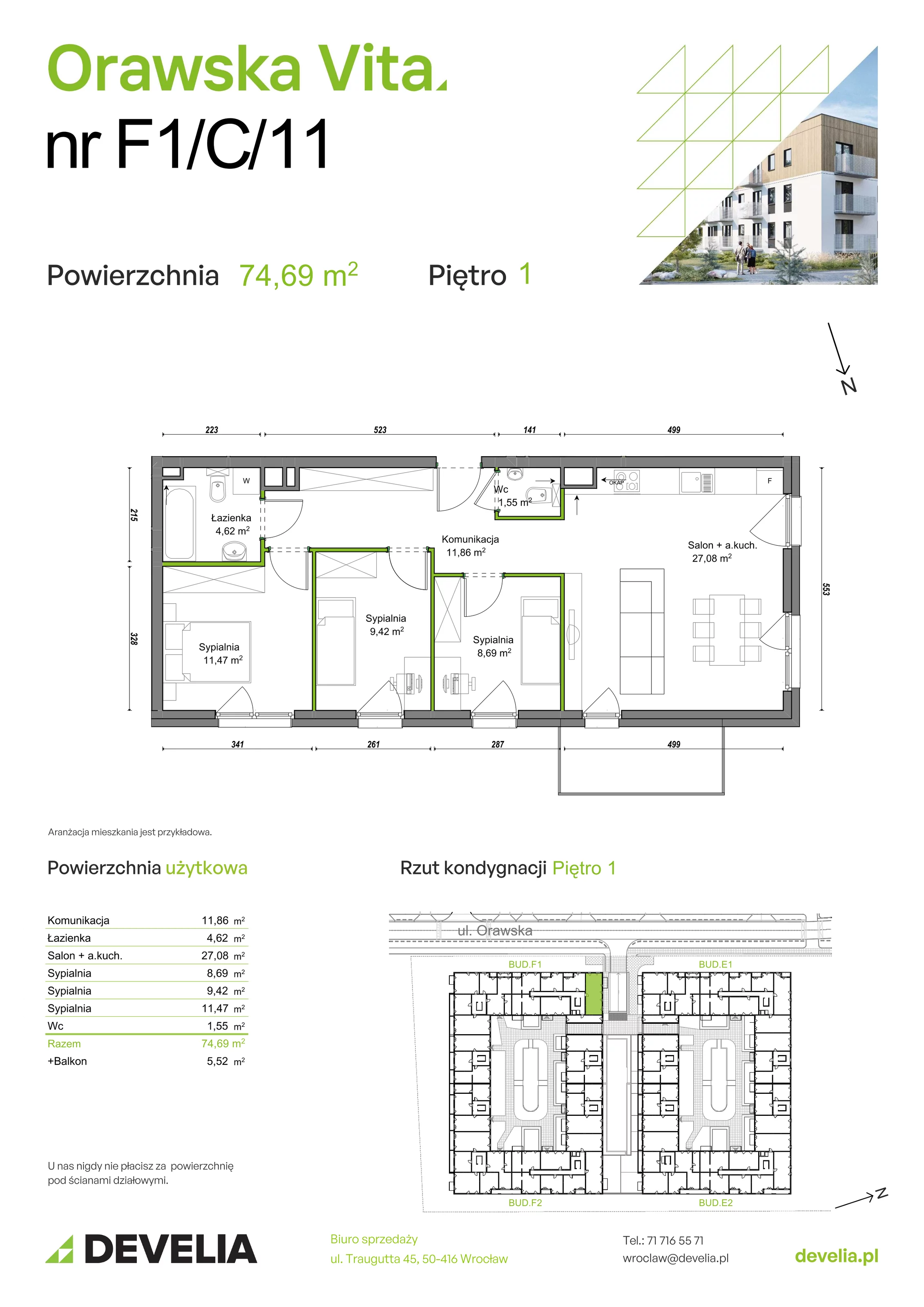 4 pokoje, mieszkanie 74,69 m², piętro 1, oferta nr F1/C/11, Orawska Vita III, Wrocław, Ołtaszyn, Krzyki, ul. Orawska