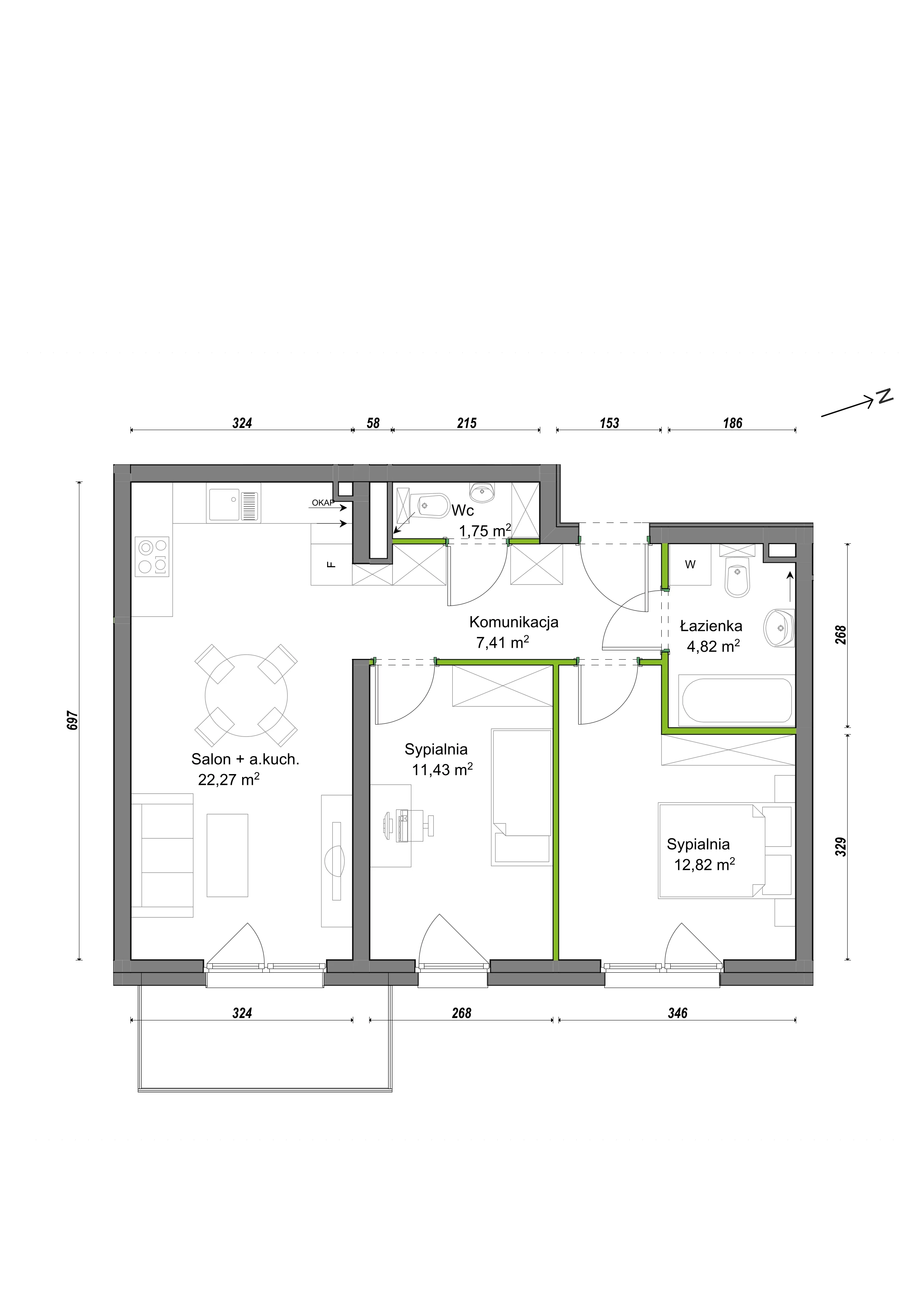3 pokoje, mieszkanie 60,50 m², piętro 2, oferta nr F1/C/14, Orawska Vita III, Wrocław, Ołtaszyn, Krzyki, ul. Orawska