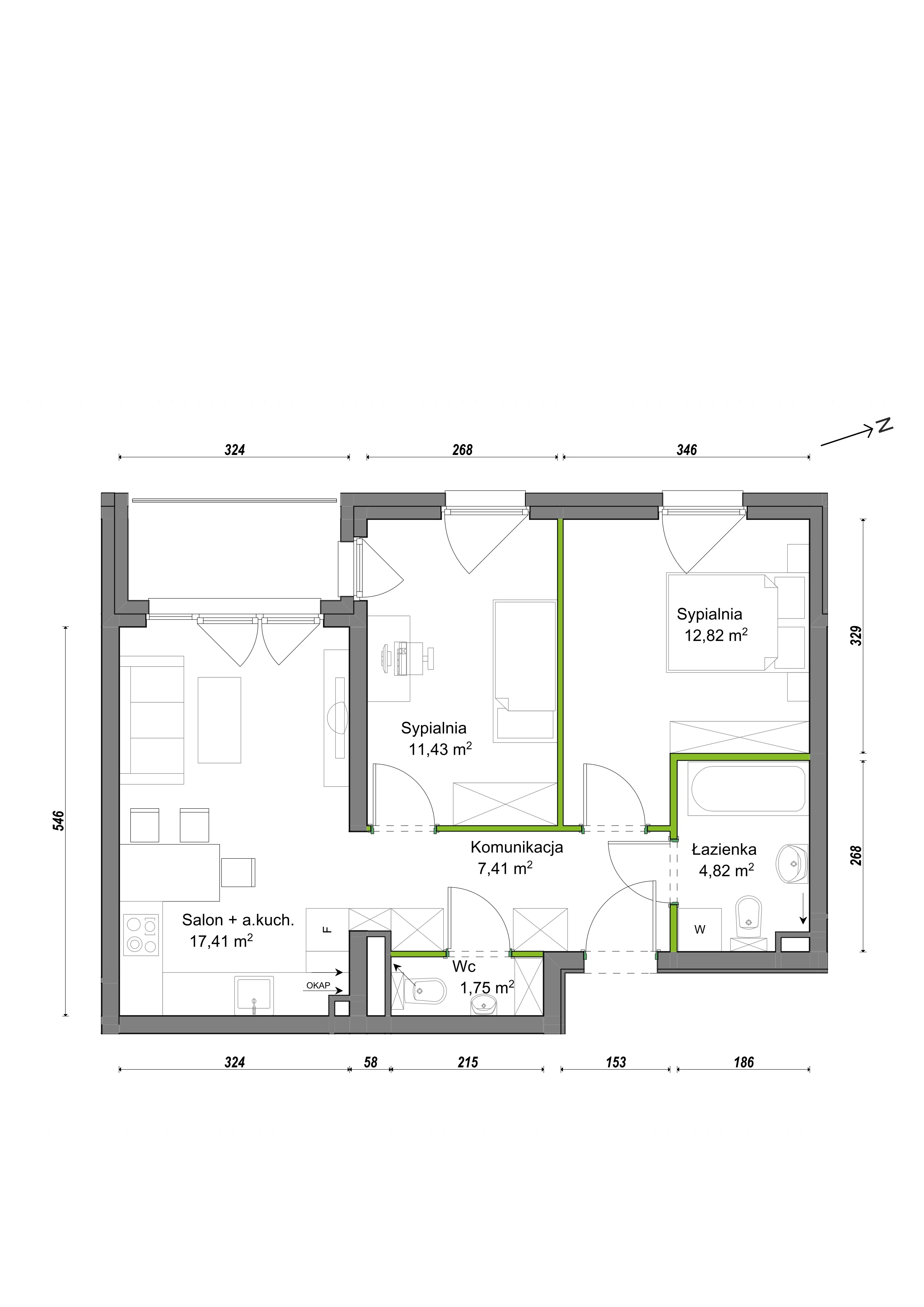 3 pokoje, mieszkanie 55,64 m², piętro 2, oferta nr F1/C/15, Orawska Vita III, Wrocław, Ołtaszyn, Krzyki, ul. Orawska