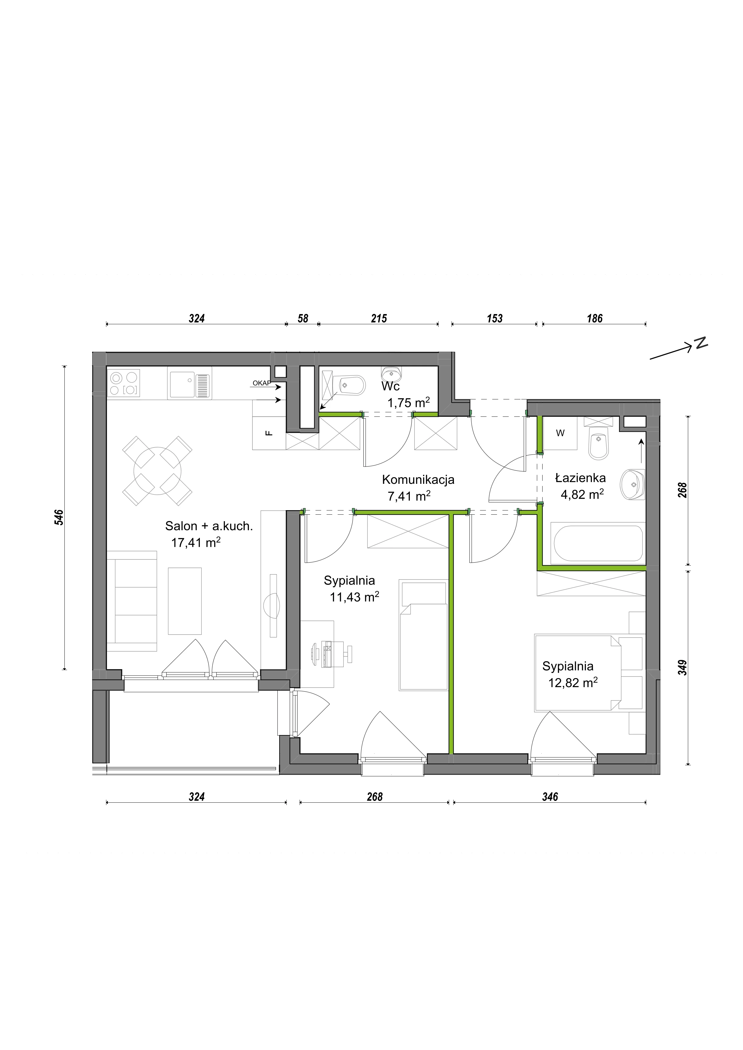 3 pokoje, mieszkanie 55,64 m², piętro 1, oferta nr F2/F/11, Orawska Vita III, Wrocław, Ołtaszyn, Krzyki, ul. Orawska