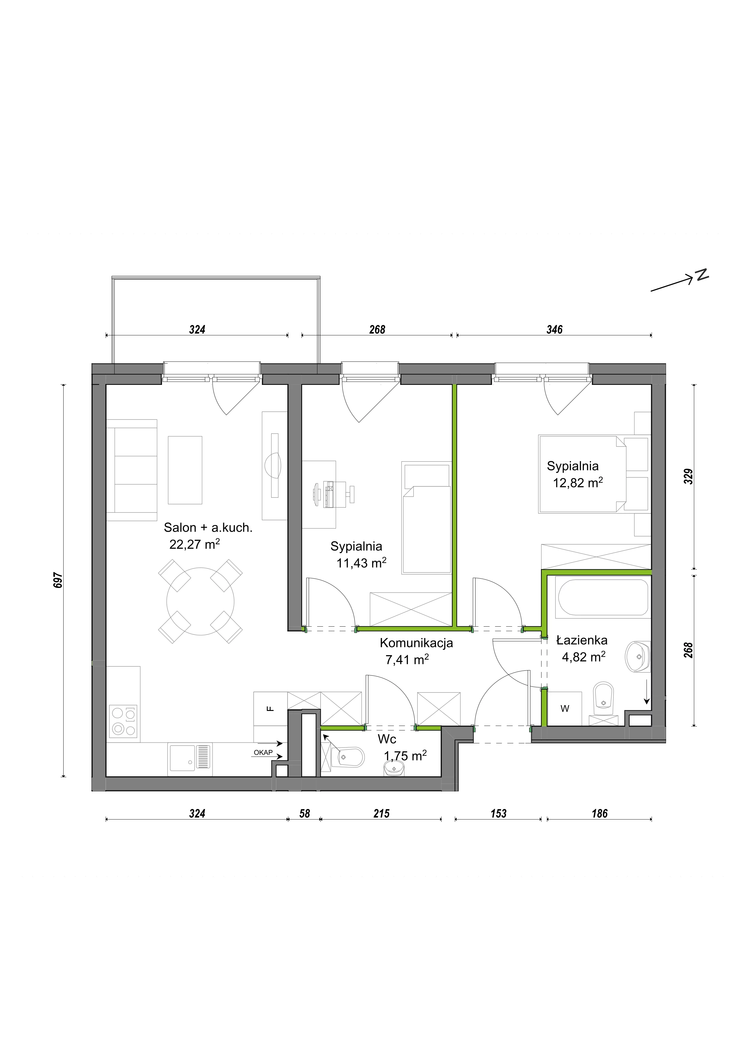 3 pokoje, mieszkanie 60,50 m², piętro 1, oferta nr F2/F/12, Orawska Vita III, Wrocław, Ołtaszyn, Krzyki, ul. Orawska