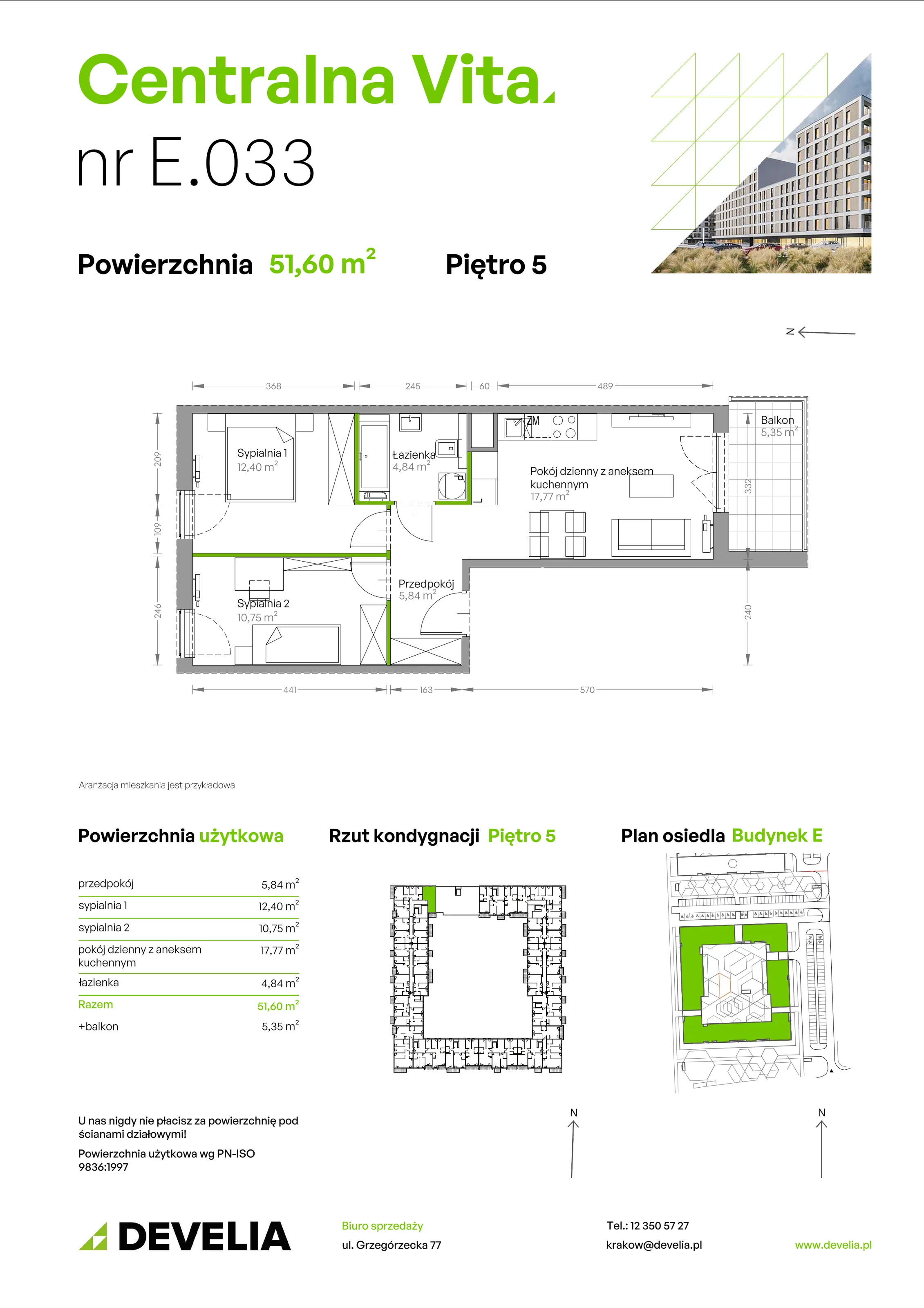 3 pokoje, mieszkanie 51,60 m², piętro 5, oferta nr E.033, Centralna Vita, Kraków, Czyżyny, ul. Ciesielskiego