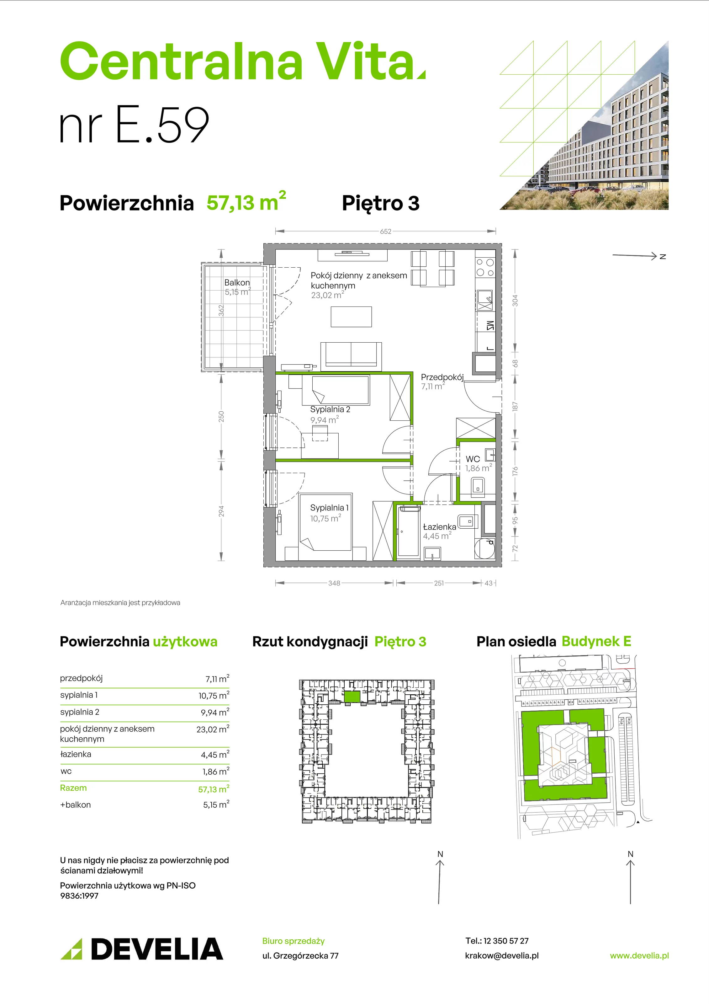 3 pokoje, mieszkanie 57,13 m², piętro 3, oferta nr E.059, Centralna Vita, Kraków, Czyżyny, ul. Ciesielskiego