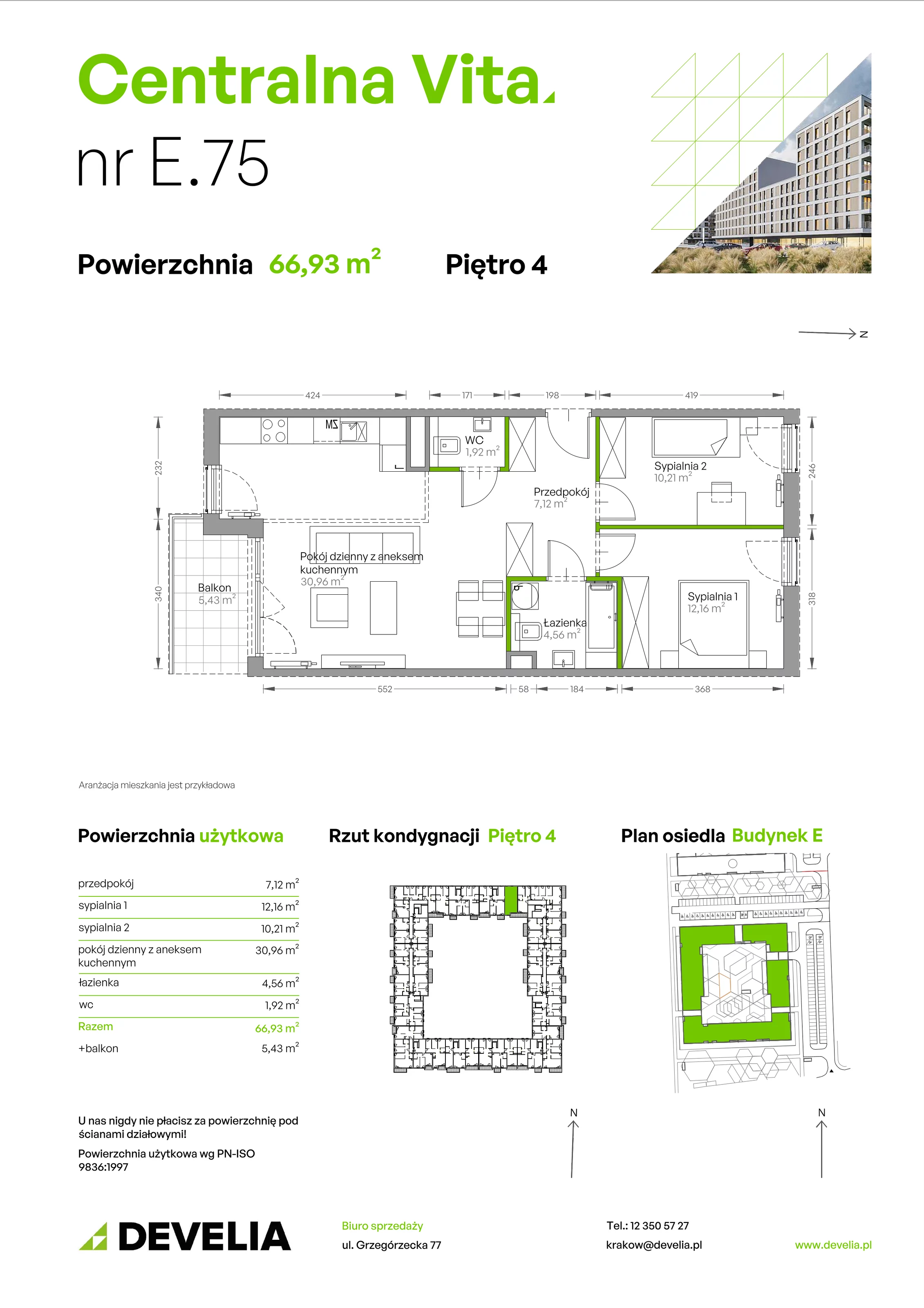 3 pokoje, mieszkanie 66,93 m², piętro 4, oferta nr E.075, Centralna Vita, Kraków, Czyżyny, ul. Ciesielskiego