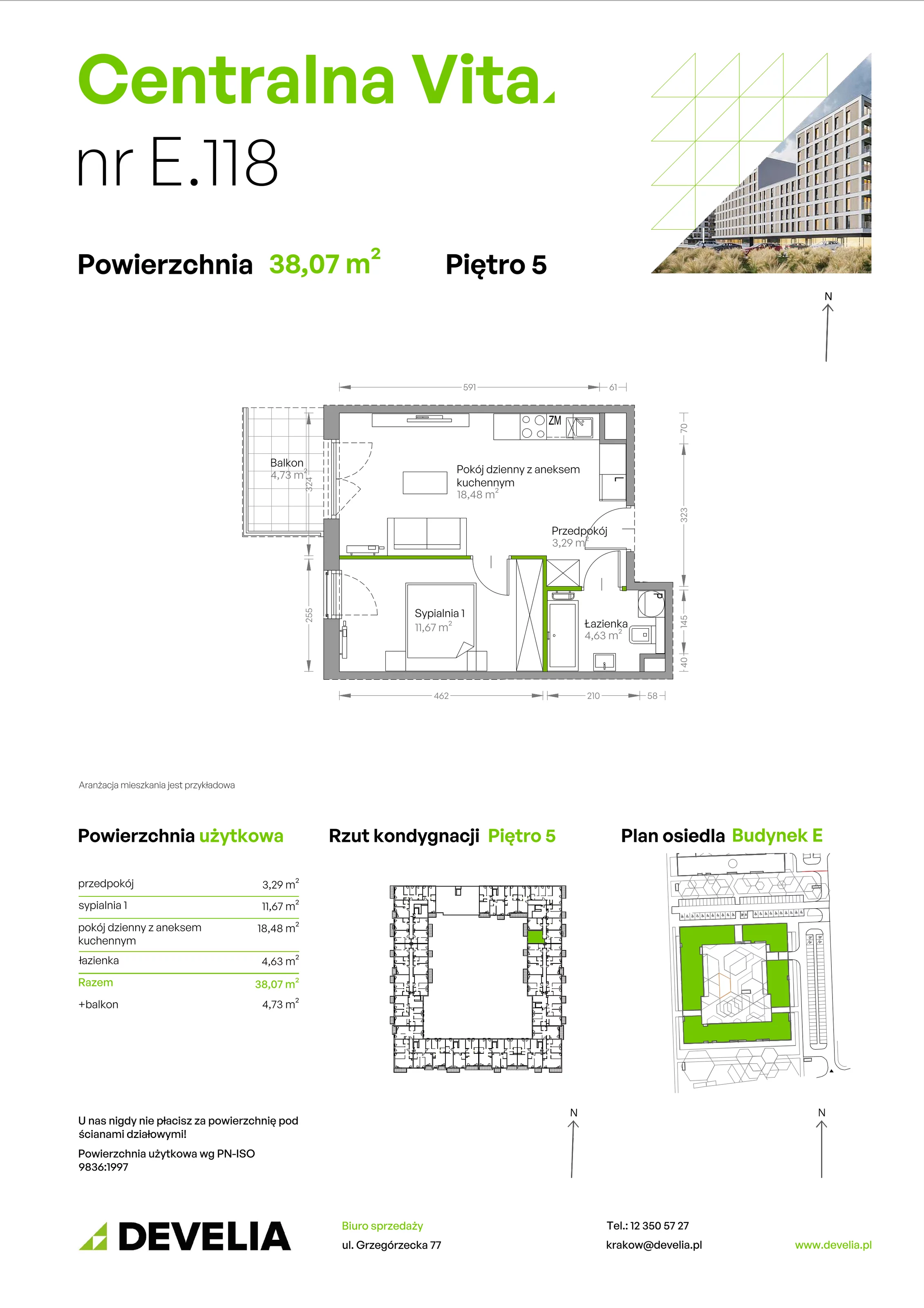 2 pokoje, mieszkanie 38,07 m², piętro 5, oferta nr E.118, Centralna Vita, Kraków, Czyżyny, ul. Ciesielskiego