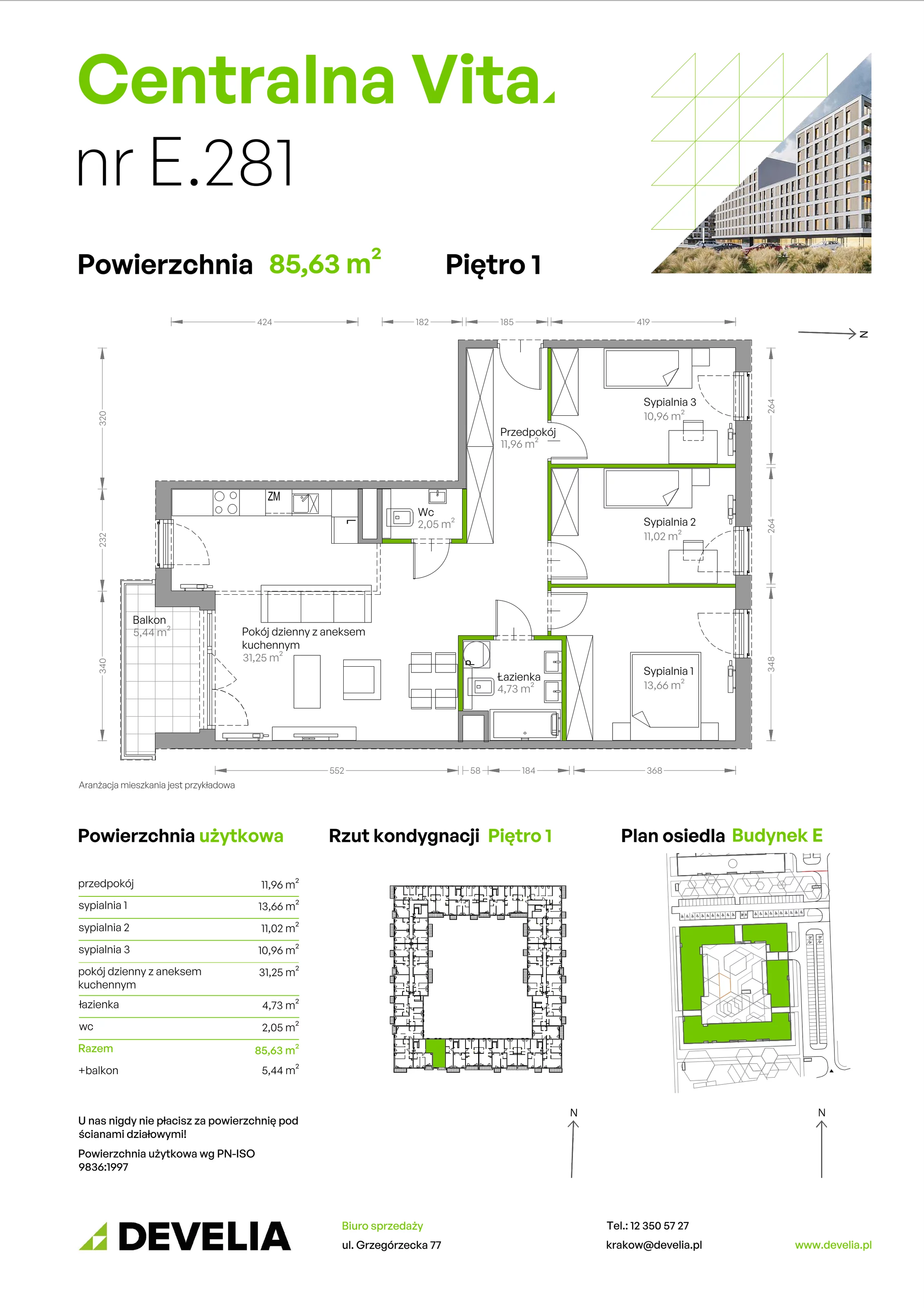 4 pokoje, mieszkanie 85,63 m², piętro 1, oferta nr E.281, Centralna Vita, Kraków, Czyżyny, ul. Ciesielskiego