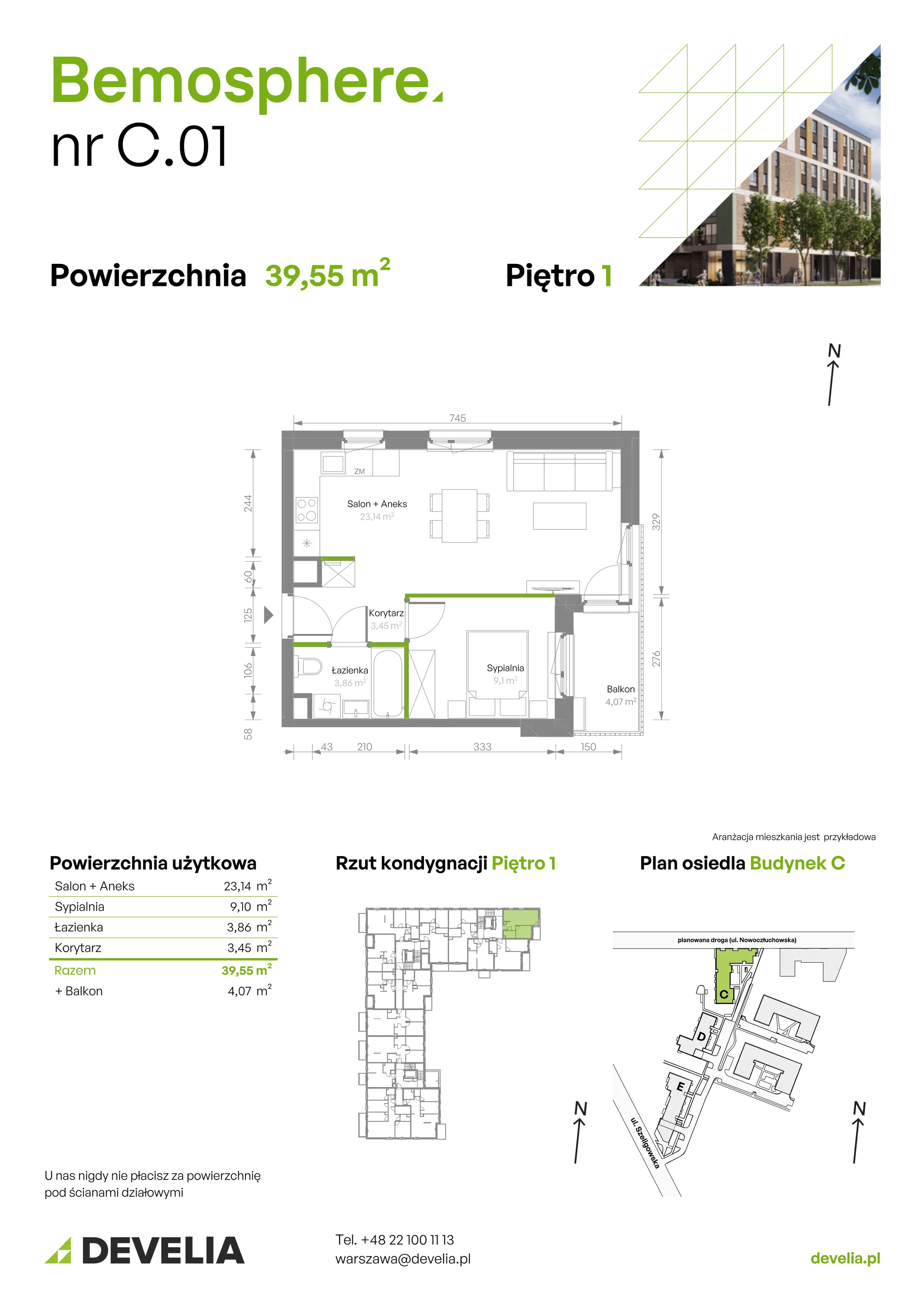 Mieszkanie 39,55 m², piętro 1, oferta nr C/001, Bemosphere, Warszawa, Bemowo, Chrzanów, ul. Szeligowska 24