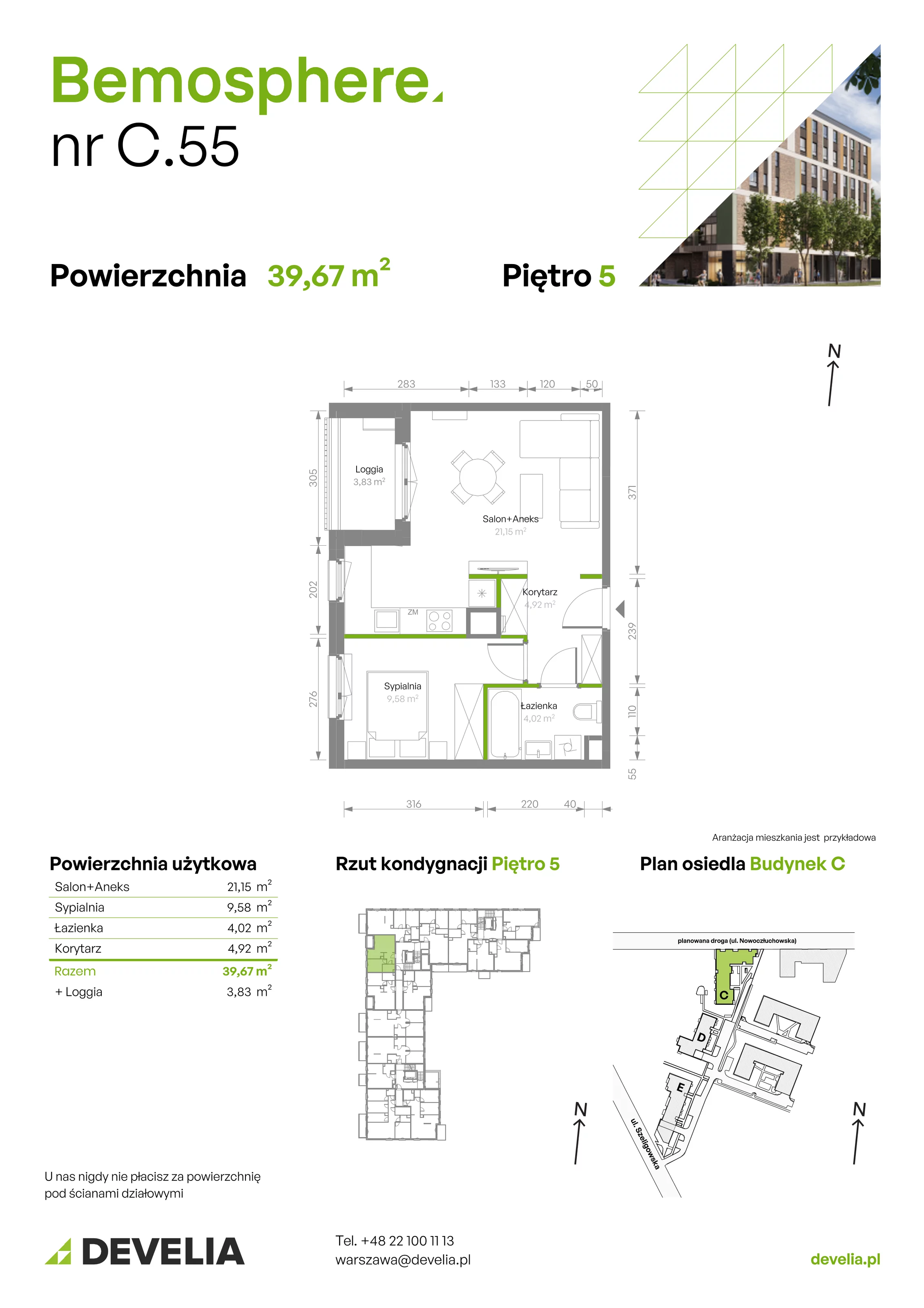 Mieszkanie 39,67 m², piętro 5, oferta nr C/055, Bemosphere, Warszawa, Bemowo, Chrzanów, ul. Szeligowska 24