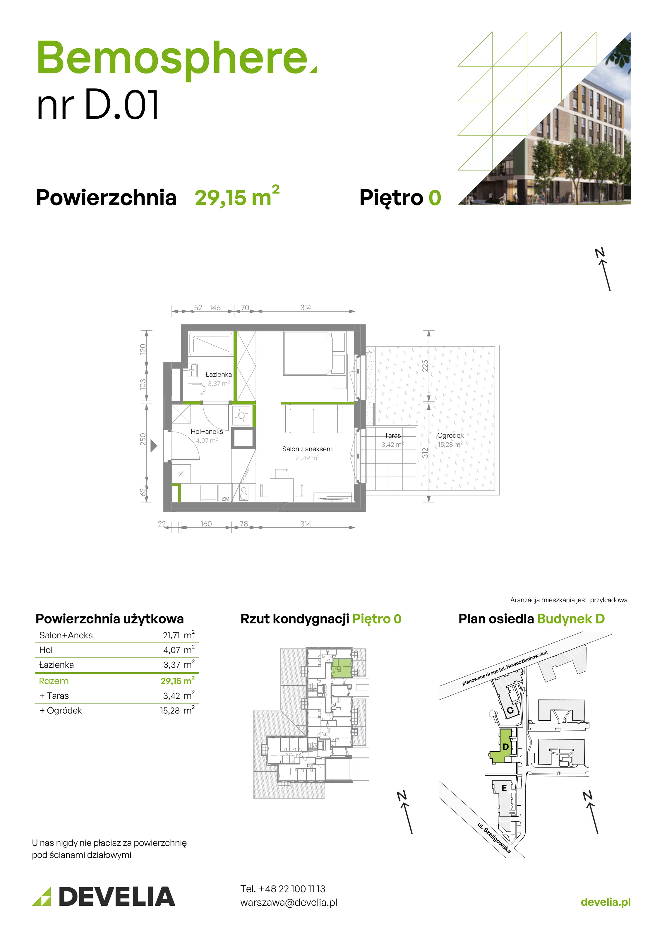 Mieszkanie 29,15 m², parter, oferta nr D/001, Bemosphere, Warszawa, Bemowo, Chrzanów, ul. Szeligowska 24
