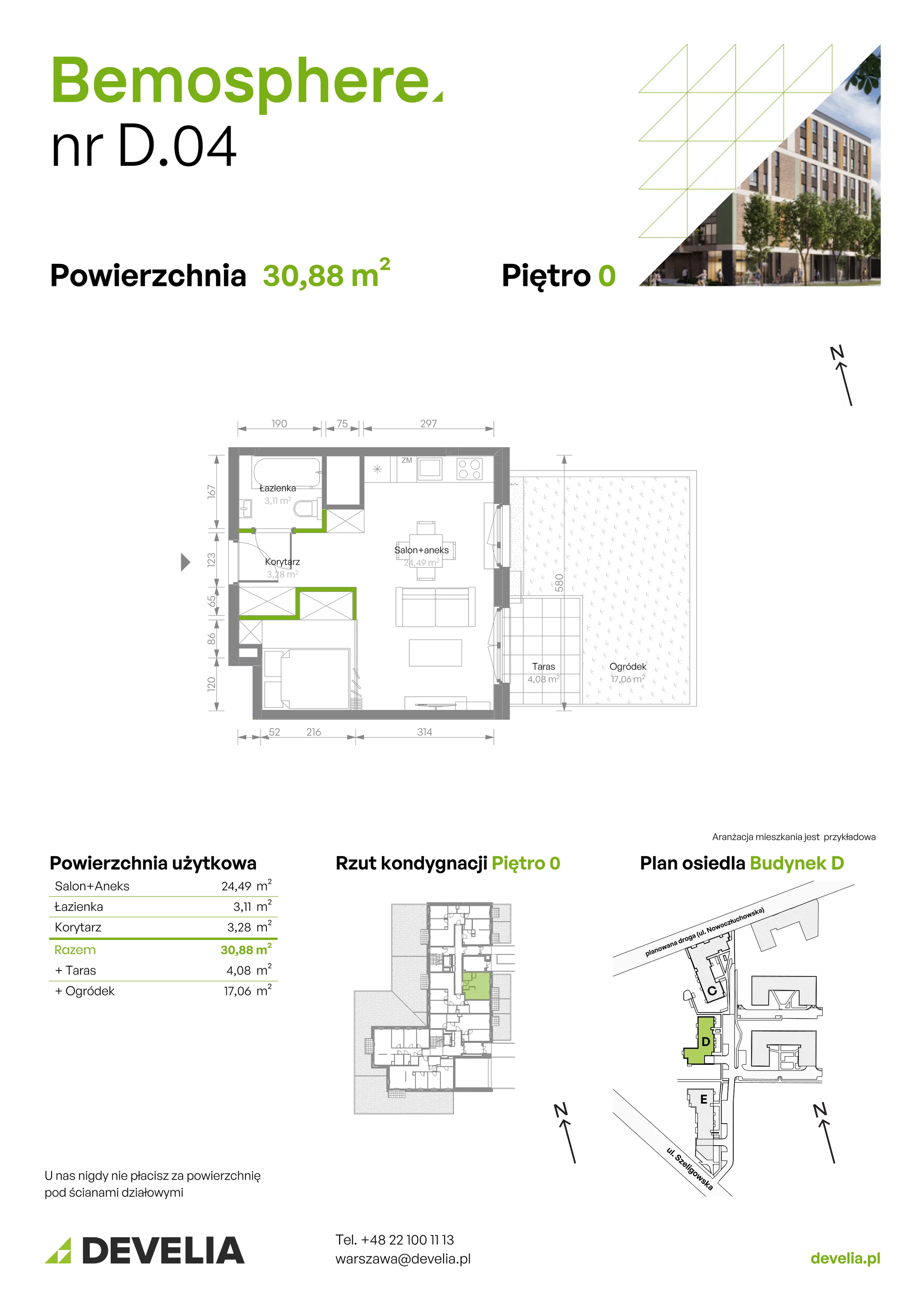 Mieszkanie 30,88 m², parter, oferta nr D/004, Bemosphere, Warszawa, Bemowo, Chrzanów, ul. Szeligowska 24