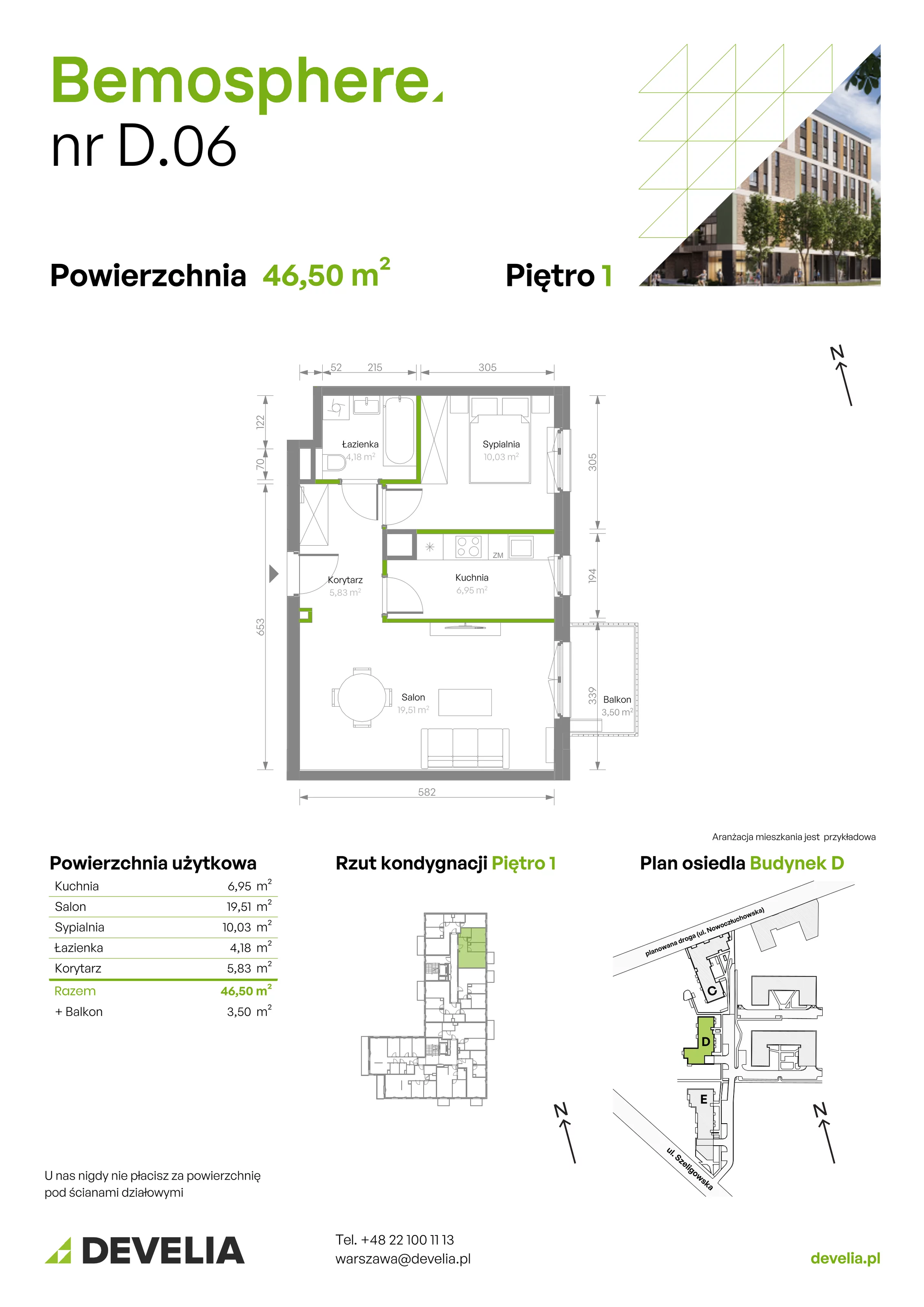 Mieszkanie 46,50 m², piętro 1, oferta nr D/006, Bemosphere, Warszawa, Bemowo, Chrzanów, ul. Szeligowska 24