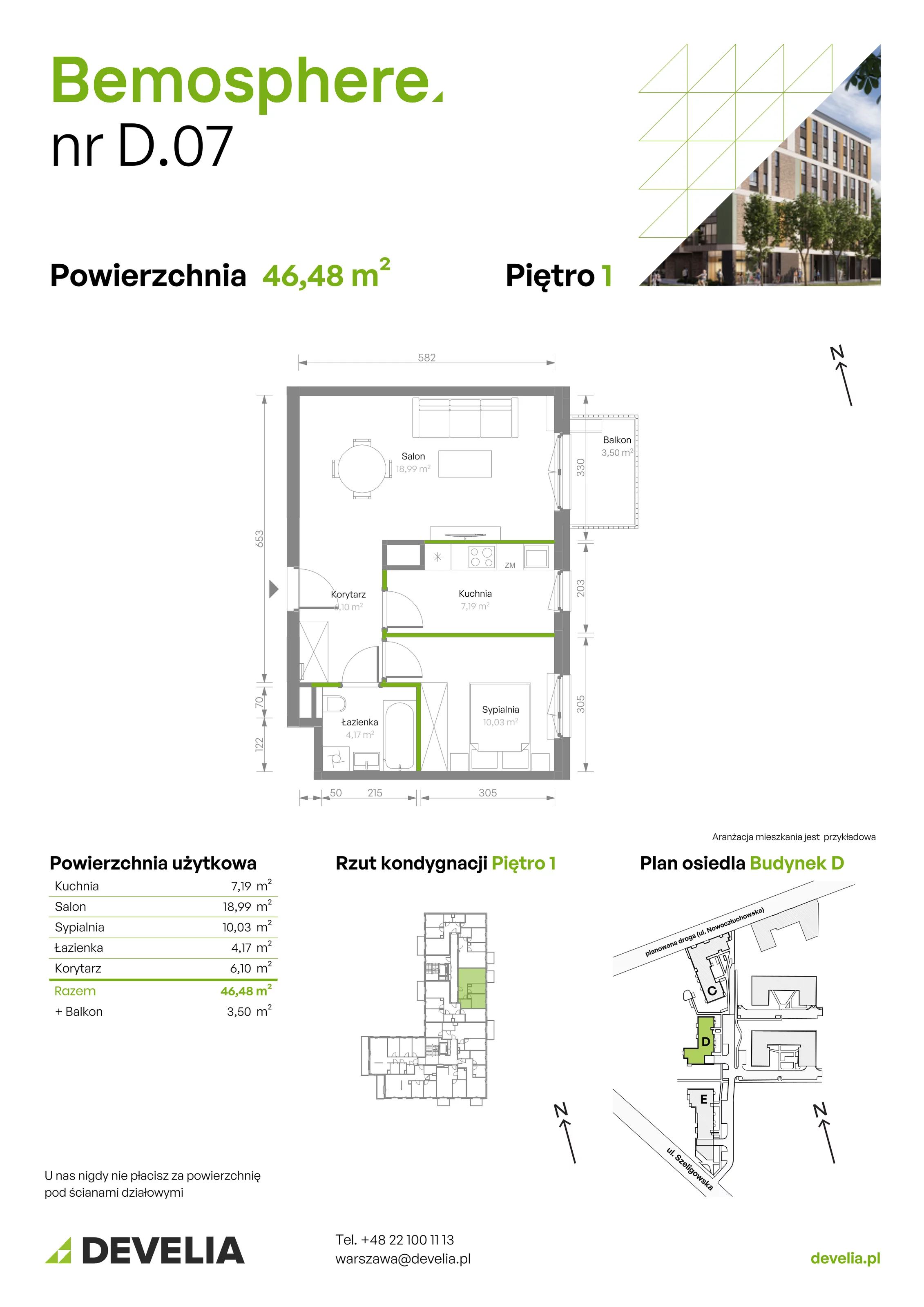 Mieszkanie 46,48 m², piętro 1, oferta nr D/007, Bemosphere, Warszawa, Bemowo, Chrzanów, ul. Szeligowska 24