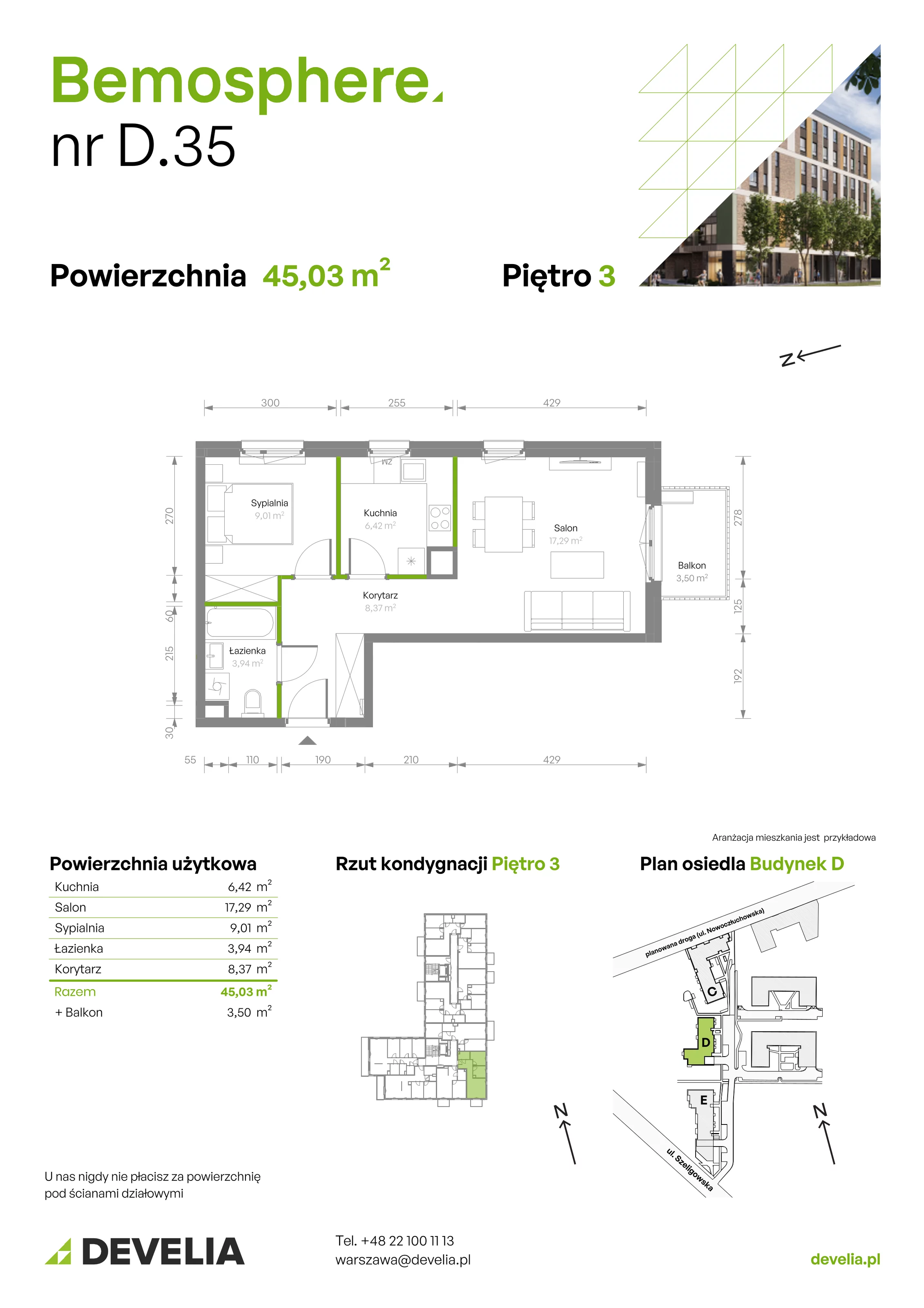 Mieszkanie 45,03 m², piętro 3, oferta nr D/035, Bemosphere, Warszawa, Bemowo, Chrzanów, ul. Szeligowska 24