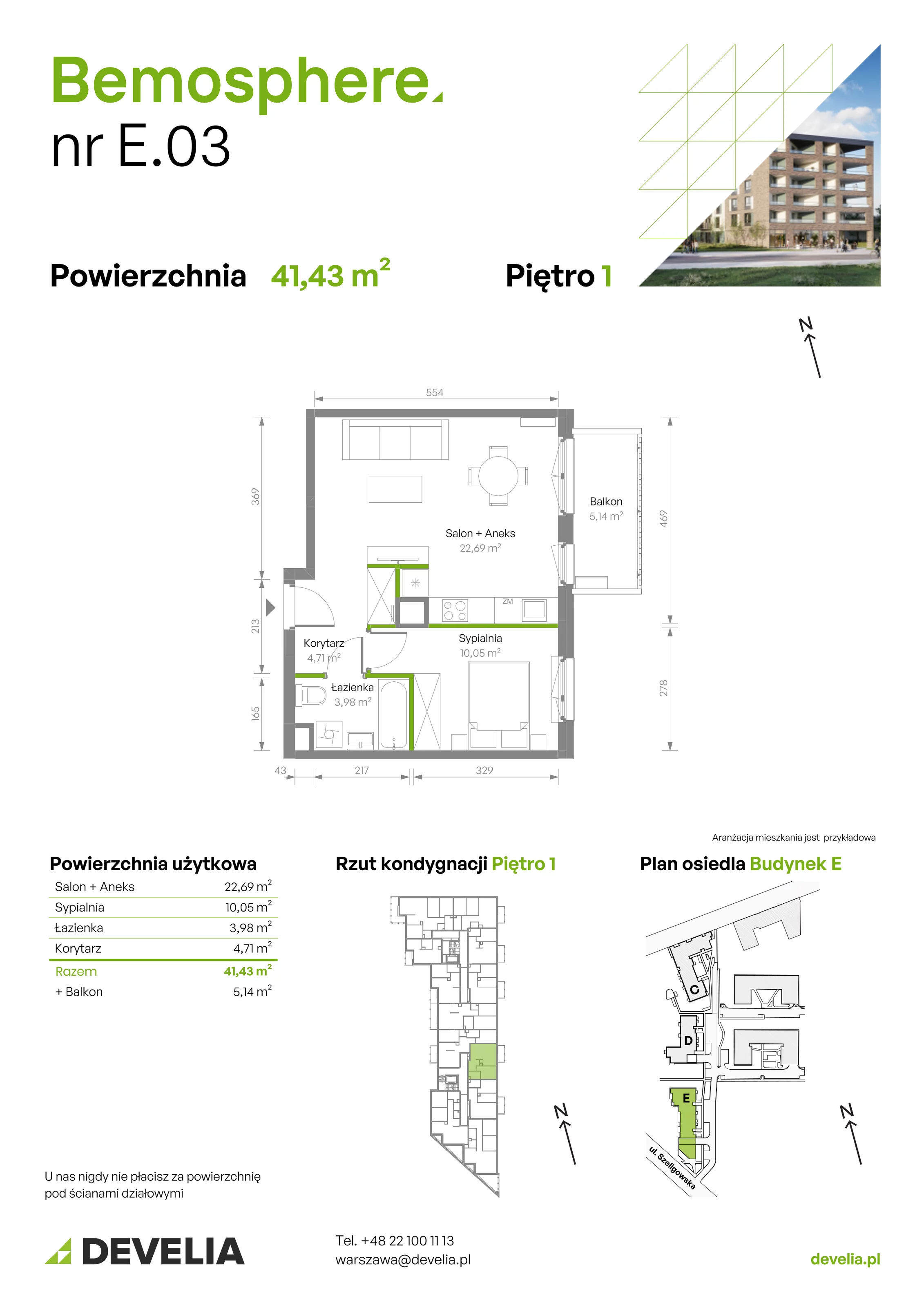 Mieszkanie 41,43 m², piętro 1, oferta nr E/003, Bemosphere, Warszawa, Bemowo, Chrzanów, ul. Szeligowska 24