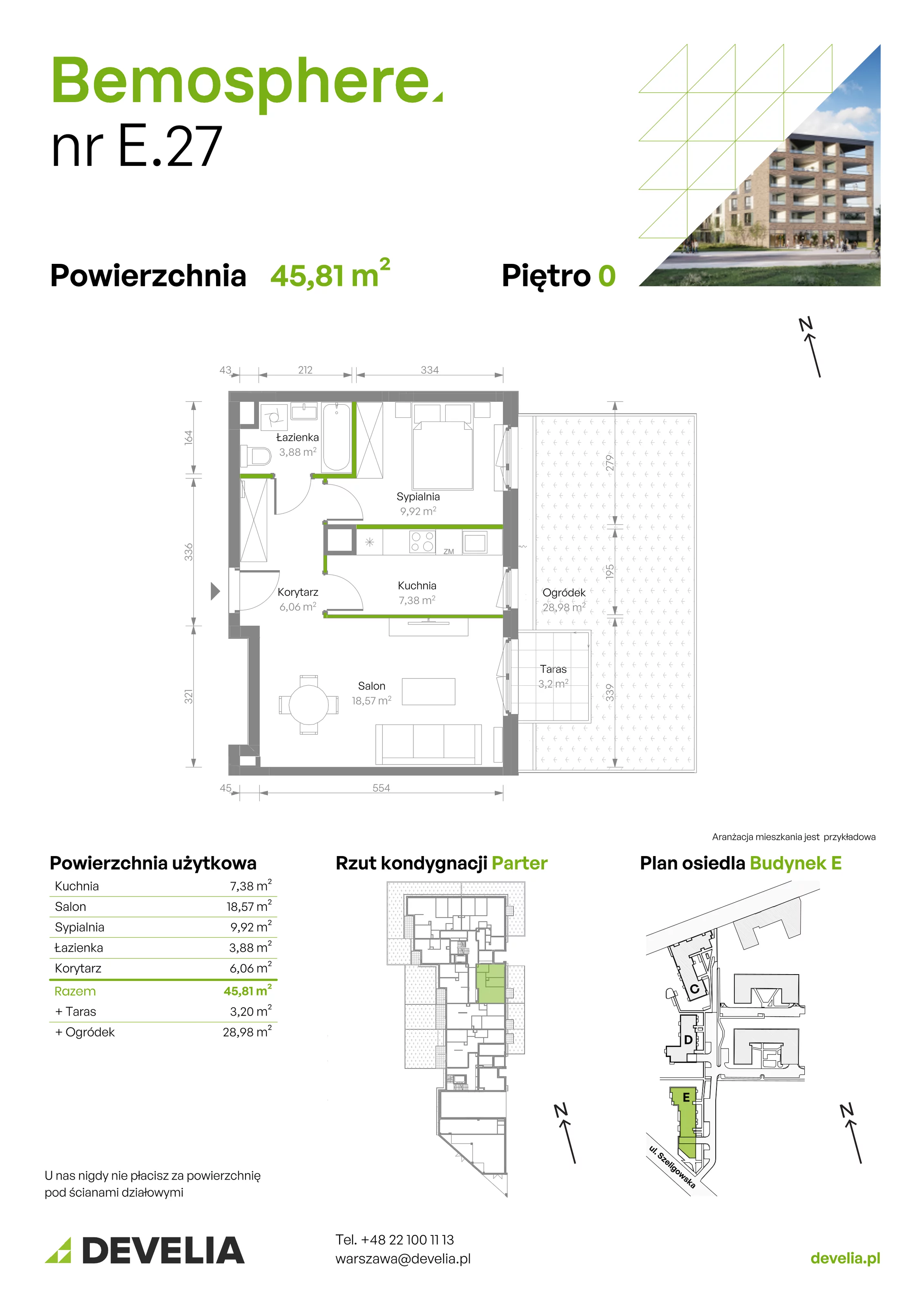 Mieszkanie 45,81 m², parter, oferta nr E/027, Bemosphere, Warszawa, Bemowo, Chrzanów, ul. Szeligowska 24