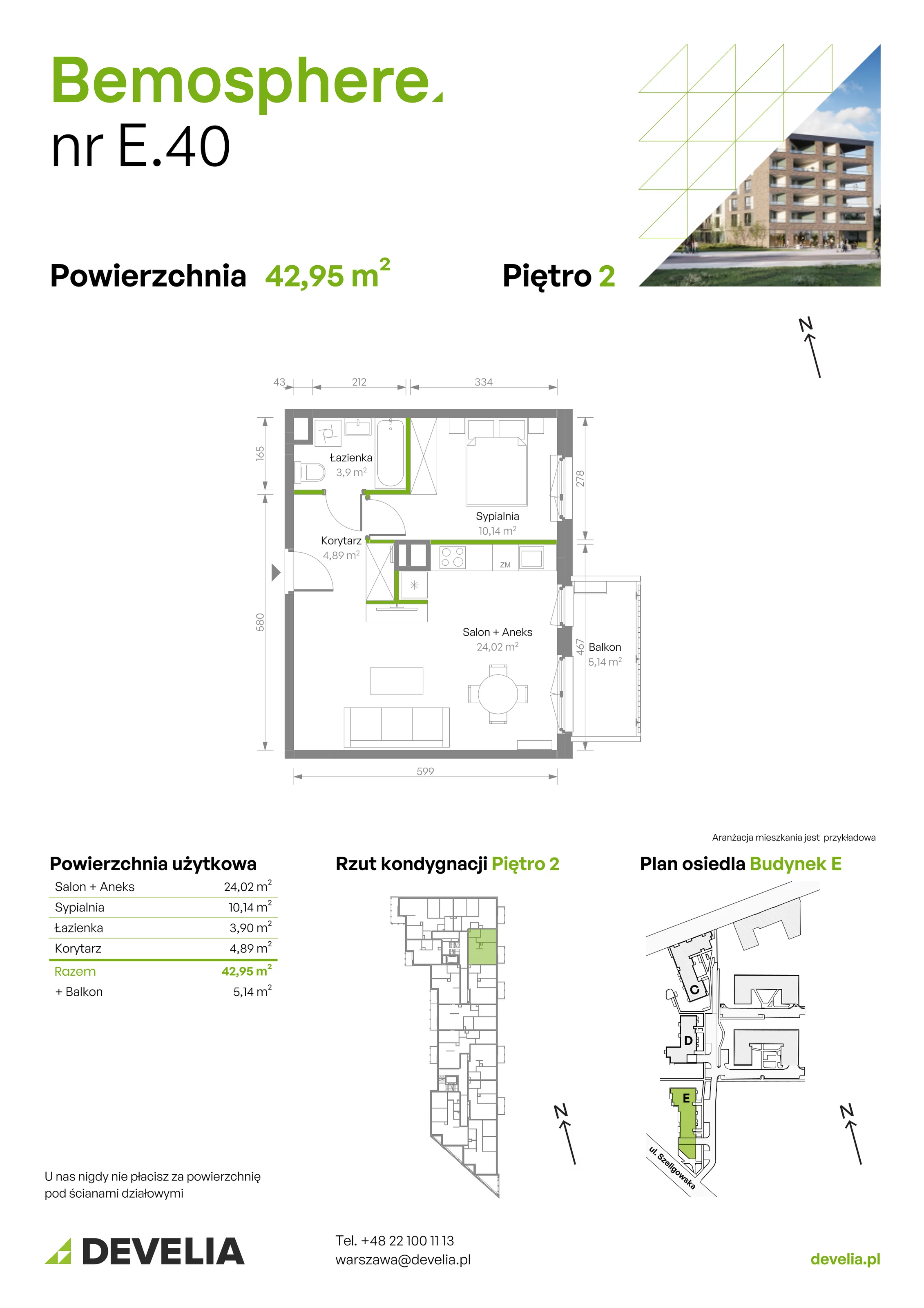 Mieszkanie 42,95 m², piętro 2, oferta nr E/040, Bemosphere, Warszawa, Bemowo, Chrzanów, ul. Szeligowska 24