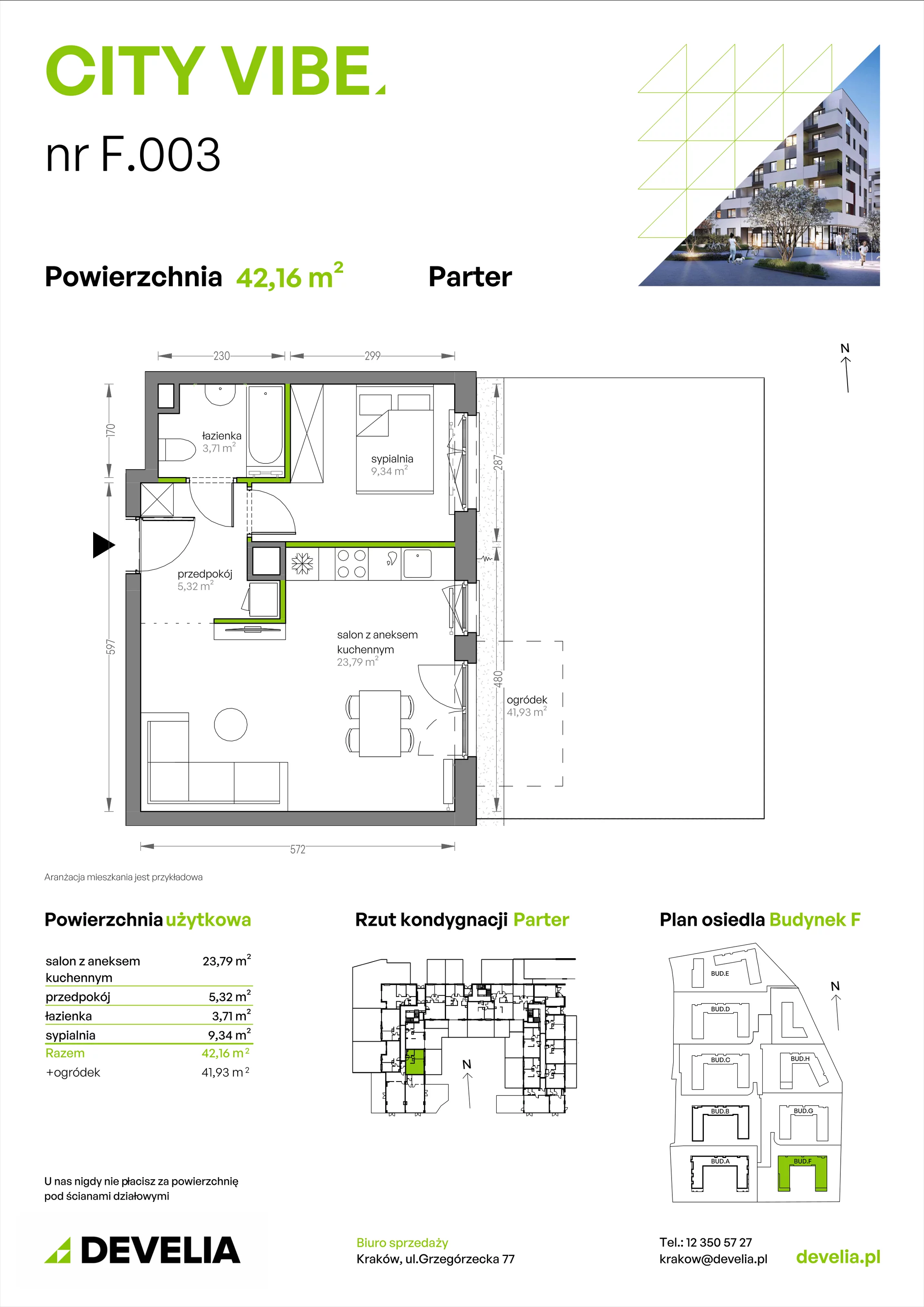 2 pokoje, mieszkanie 42,16 m², parter, oferta nr F/003, City Vibe etap V, Kraków, Podgórze, Płaszów, ul. Myśliwska 68