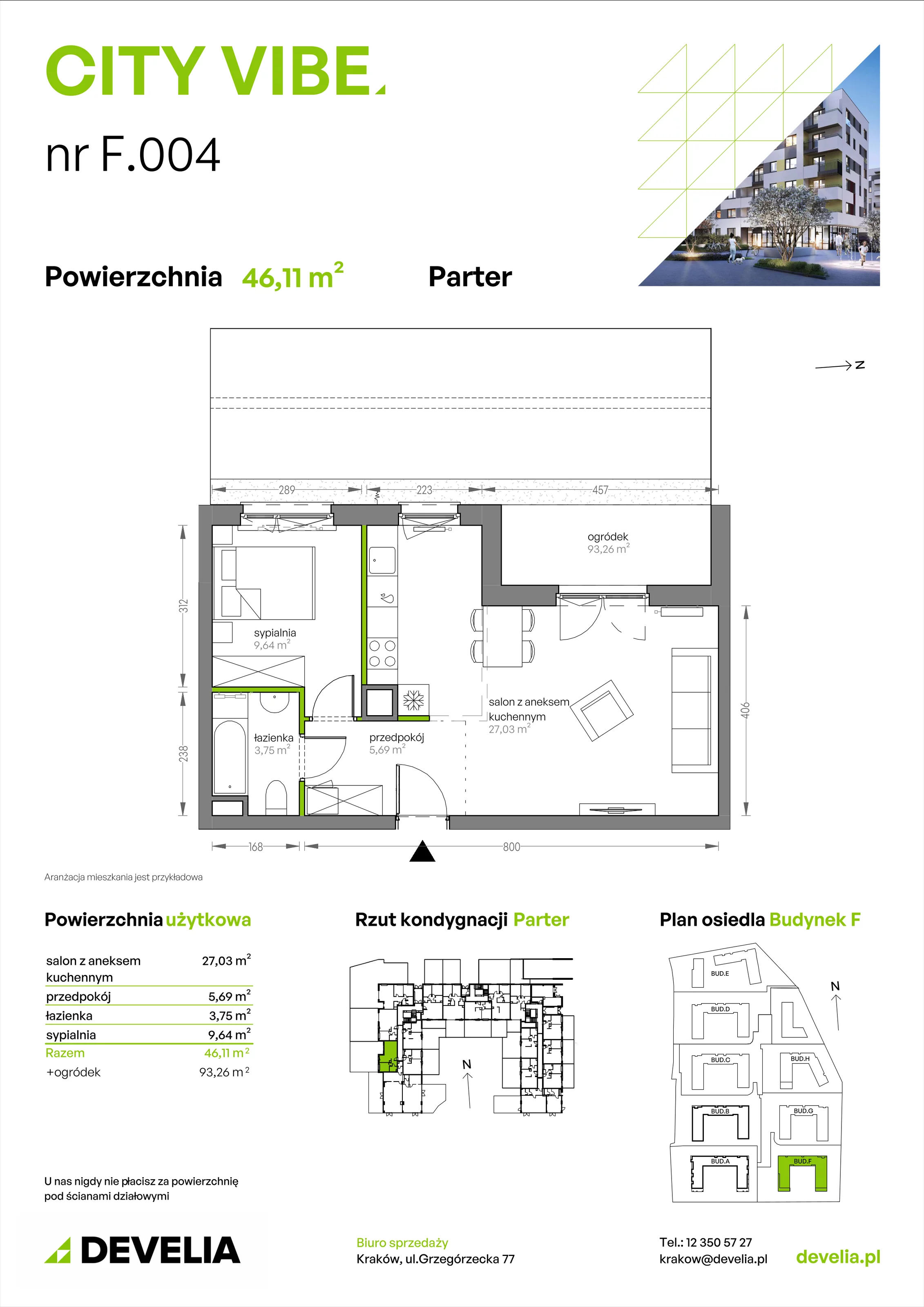 2 pokoje, mieszkanie 46,11 m², parter, oferta nr F/004, City Vibe etap V, Kraków, Podgórze, Płaszów, ul. Myśliwska 68