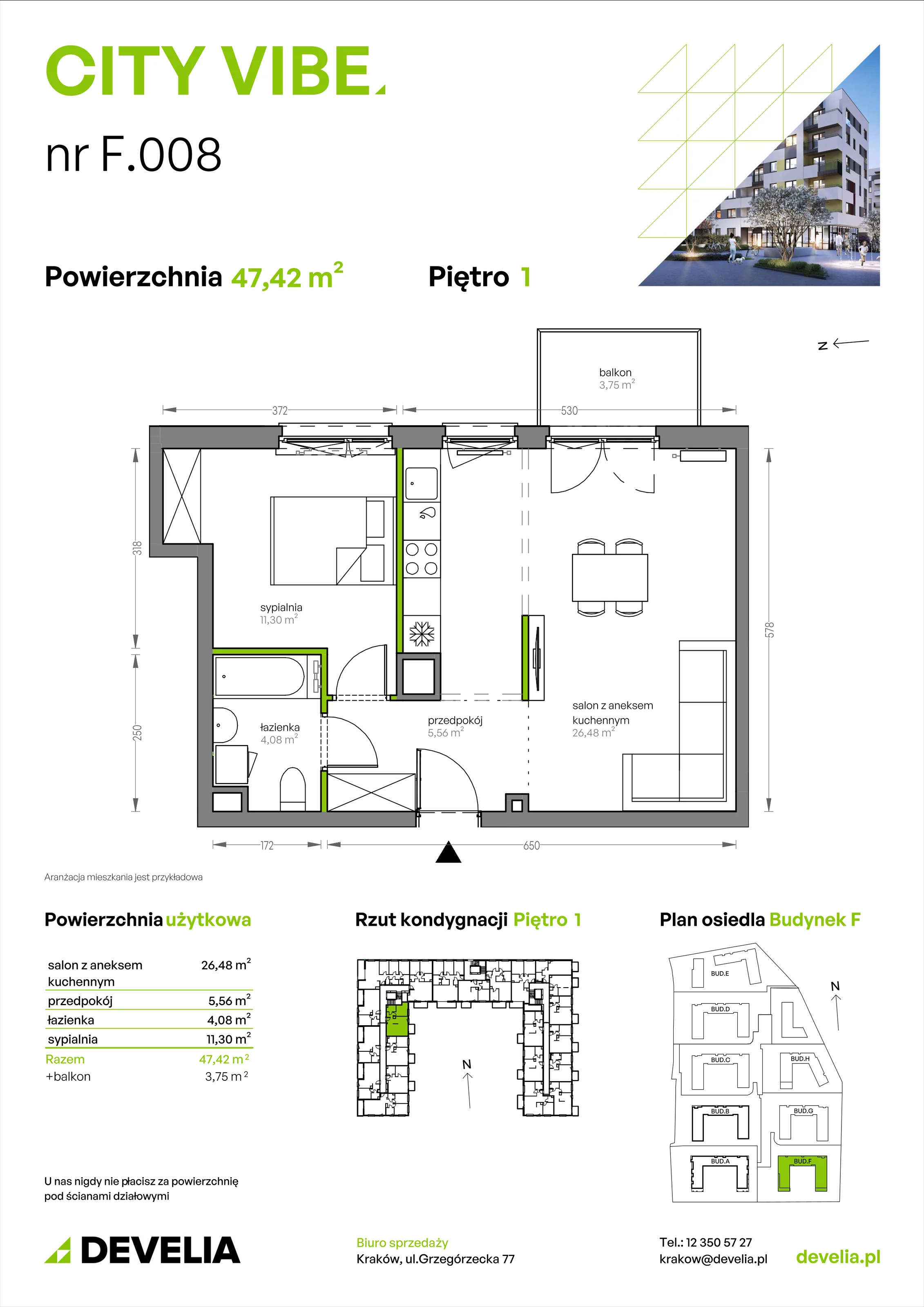 2 pokoje, mieszkanie 47,42 m², piętro 1, oferta nr F/008, City Vibe etap V, Kraków, Podgórze, Płaszów, ul. Myśliwska 68