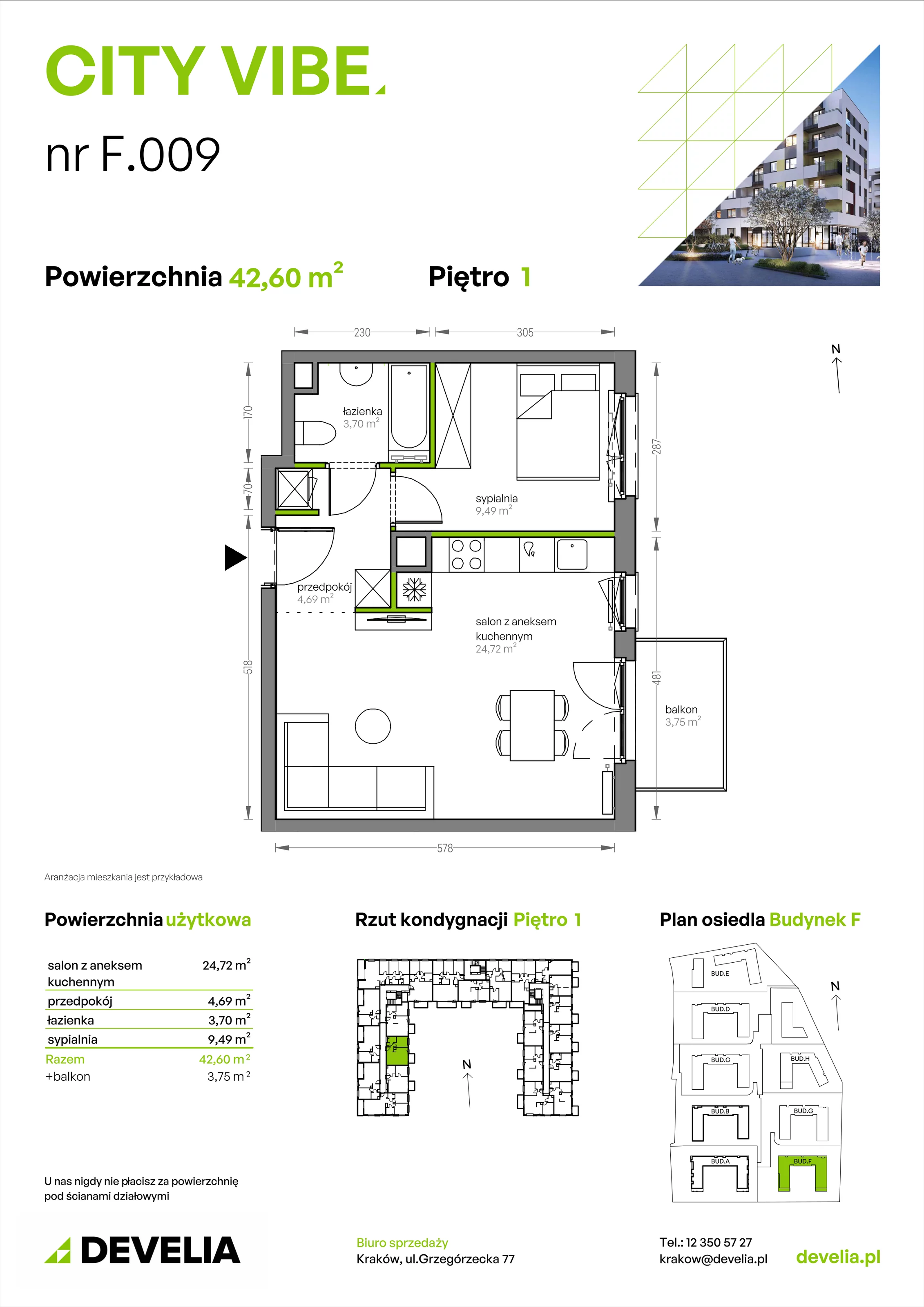 2 pokoje, mieszkanie 42,60 m², piętro 1, oferta nr F/009, City Vibe etap V, Kraków, Podgórze, Płaszów, ul. Myśliwska 68