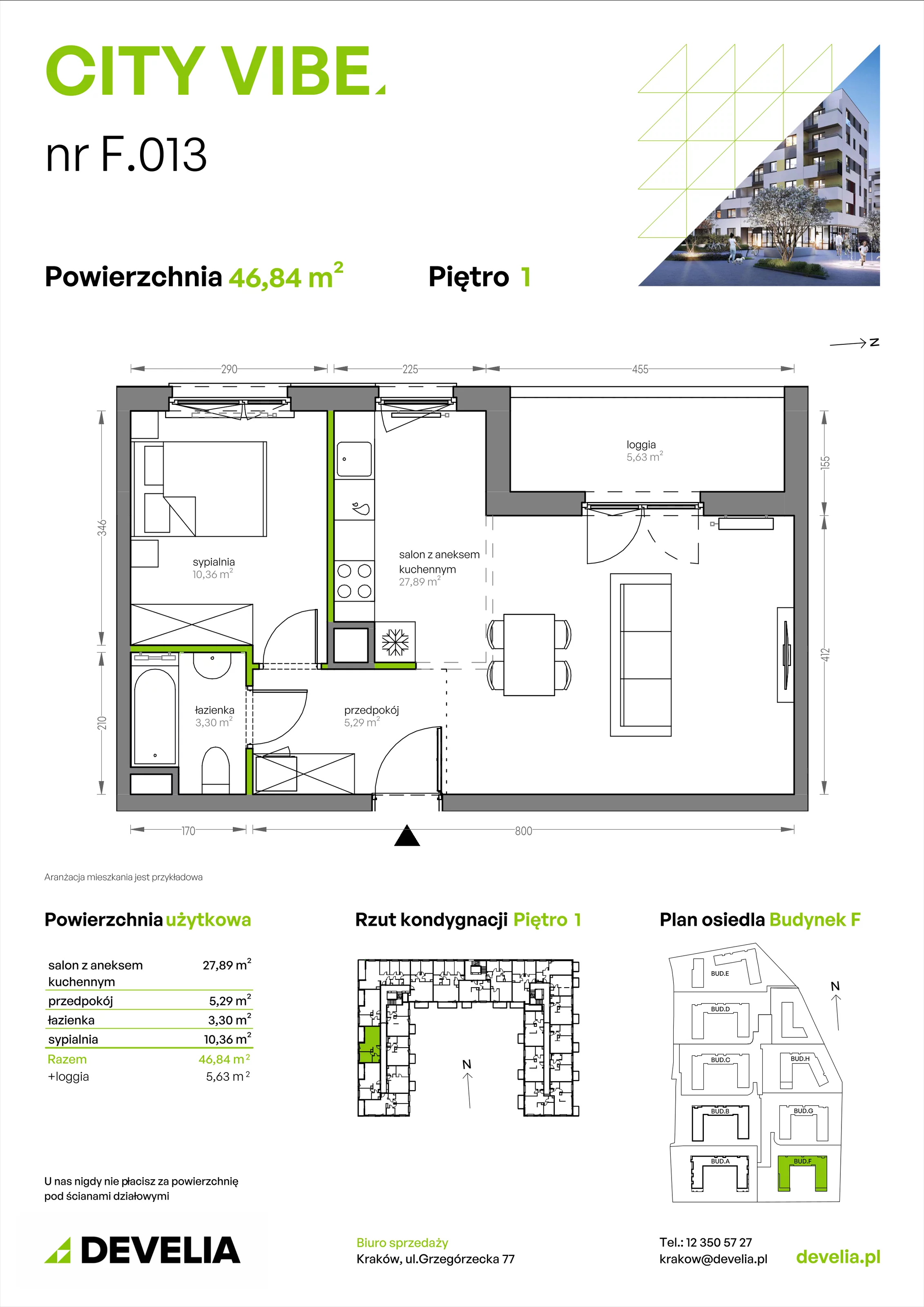2 pokoje, mieszkanie 46,84 m², piętro 1, oferta nr F/013, City Vibe etap V, Kraków, Podgórze, Płaszów, ul. Myśliwska 68