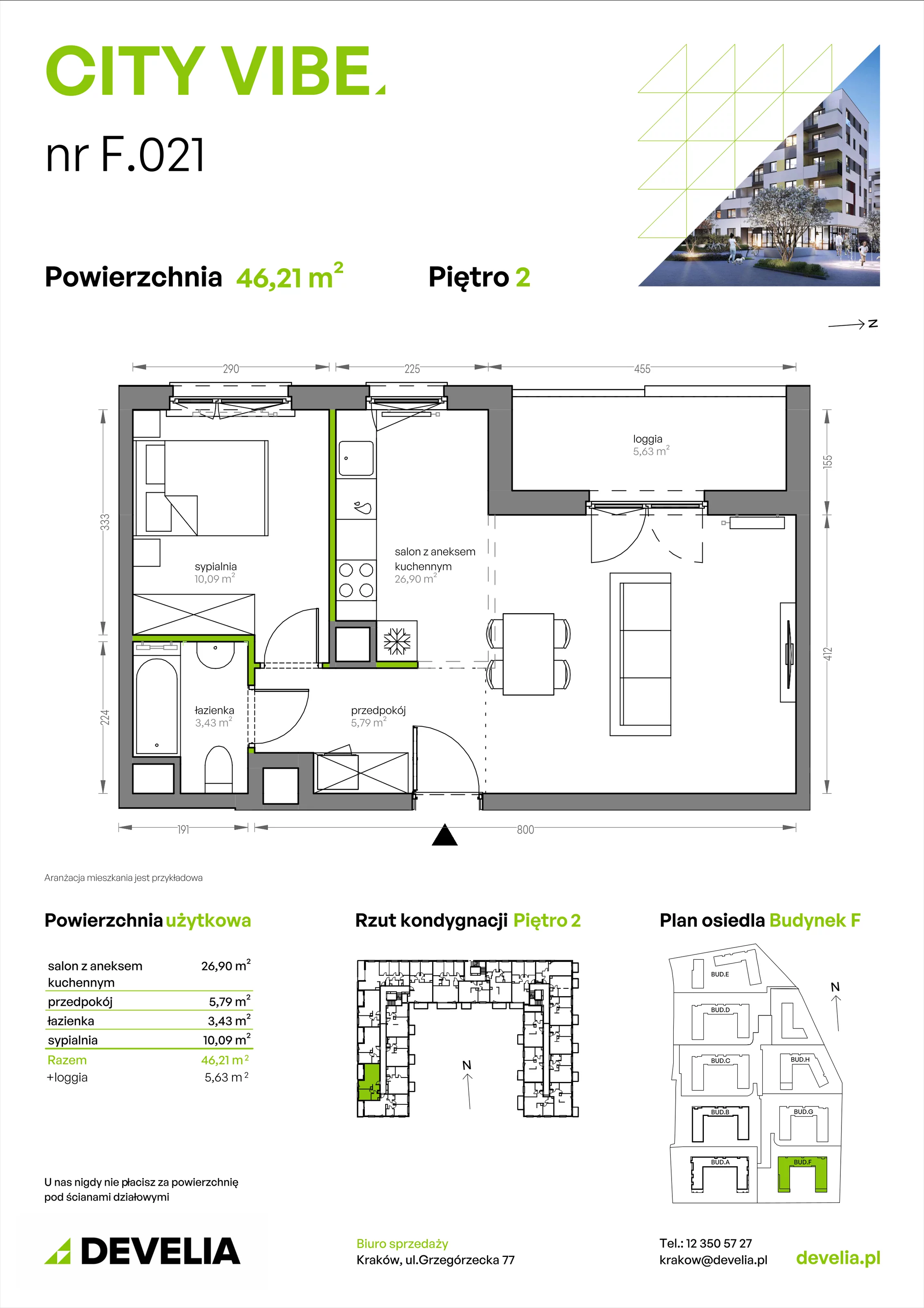 2 pokoje, mieszkanie 46,21 m², piętro 2, oferta nr F/021, City Vibe etap V, Kraków, Podgórze, Płaszów, ul. Myśliwska 68