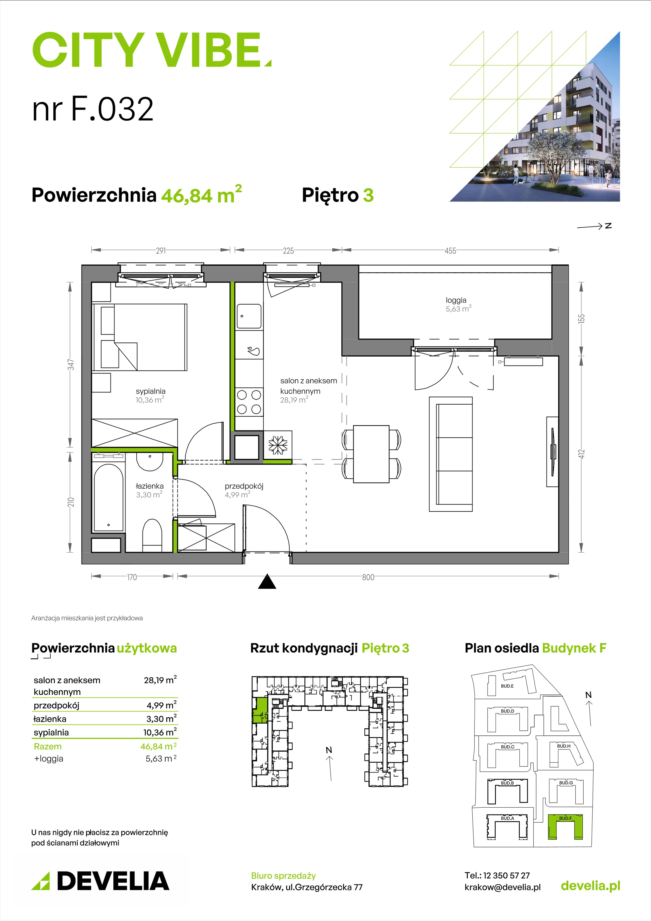 2 pokoje, mieszkanie 46,84 m², piętro 3, oferta nr F/032, City Vibe etap V, Kraków, Podgórze, Płaszów, ul. Myśliwska 68