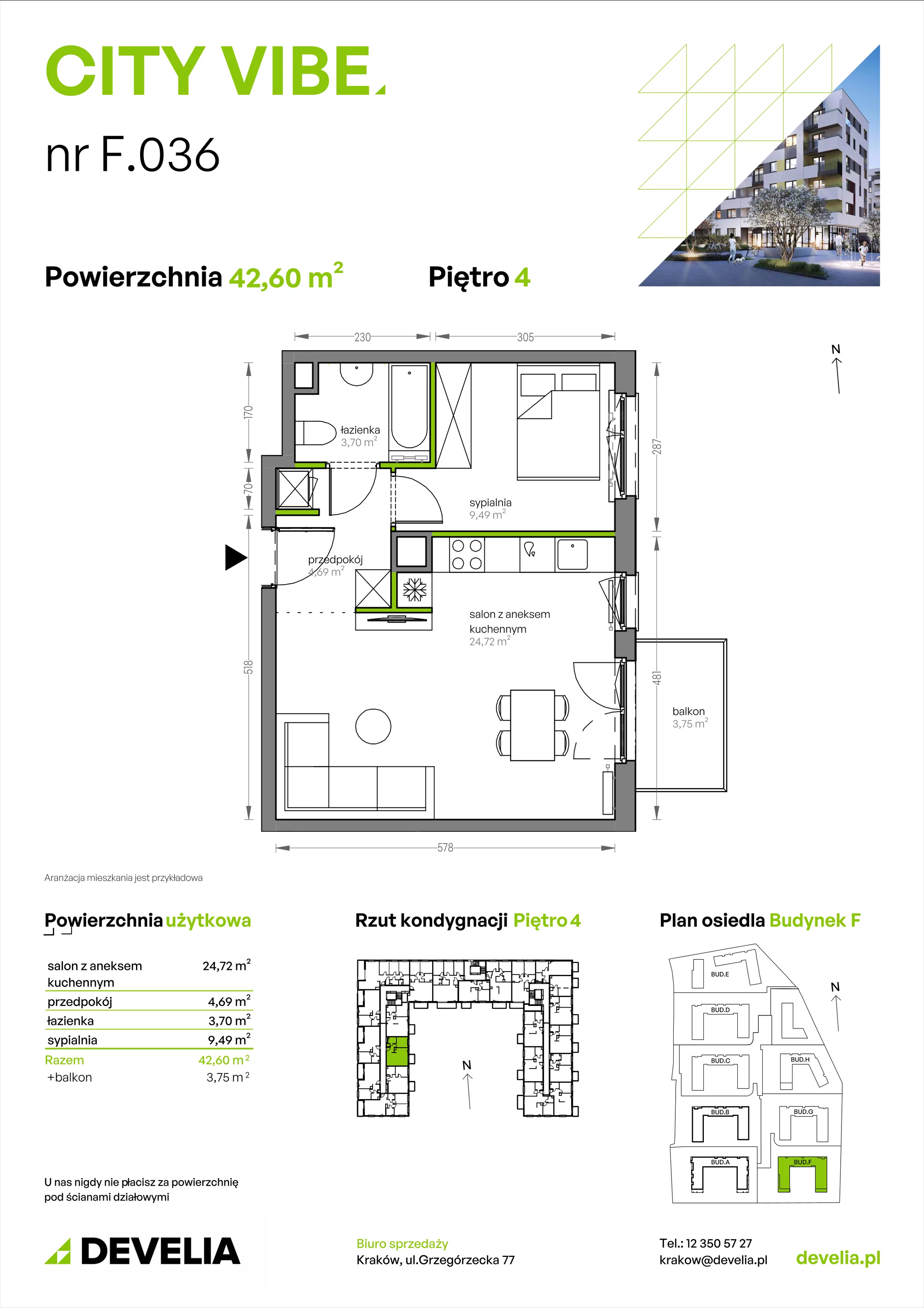 2 pokoje, mieszkanie 42,60 m², piętro 4, oferta nr F/036, City Vibe etap V, Kraków, Podgórze, Płaszów, ul. Myśliwska 68