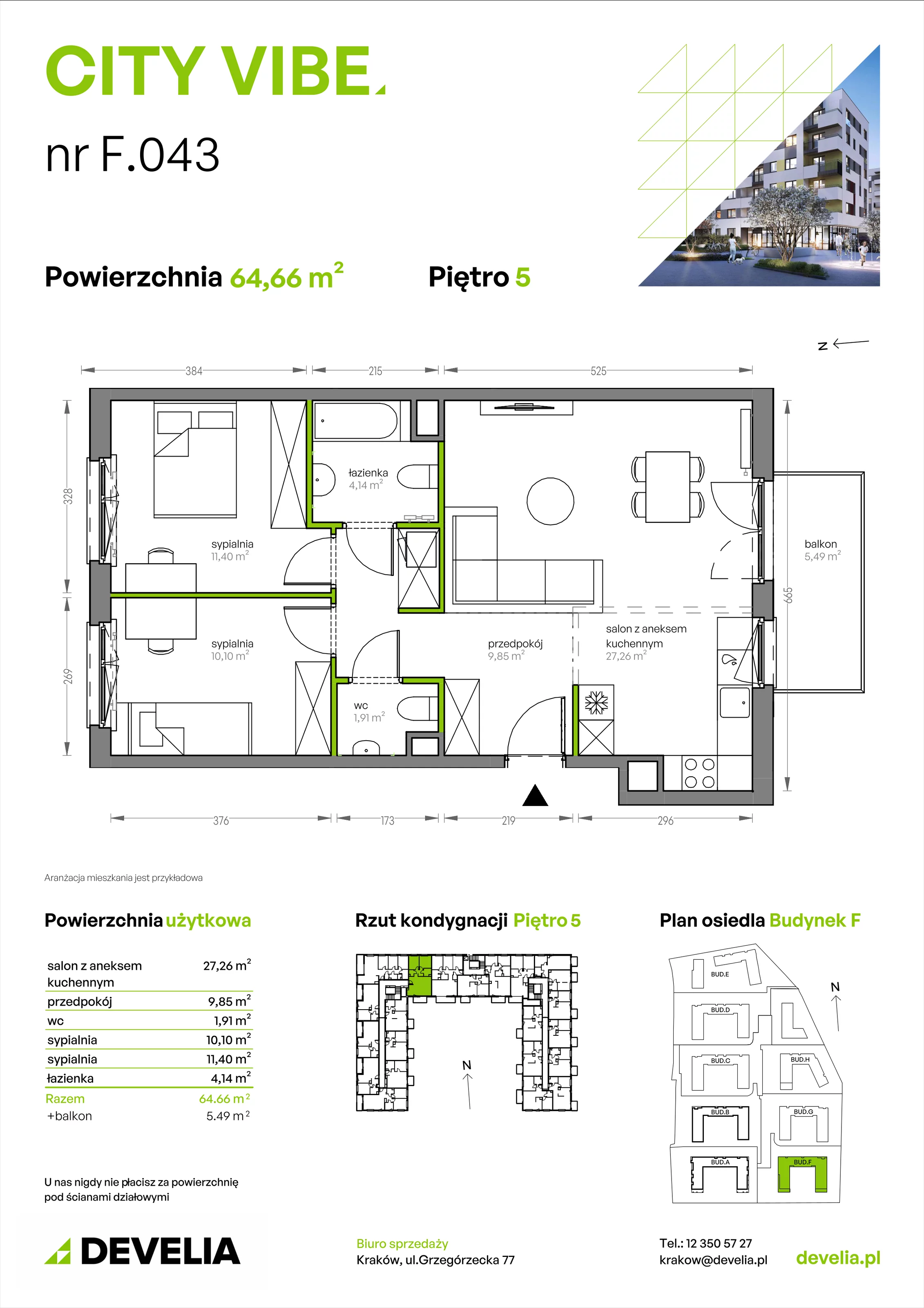 3 pokoje, mieszkanie 64,66 m², piętro 5, oferta nr F/043, City Vibe etap V, Kraków, Podgórze, Płaszów, ul. Myśliwska 68