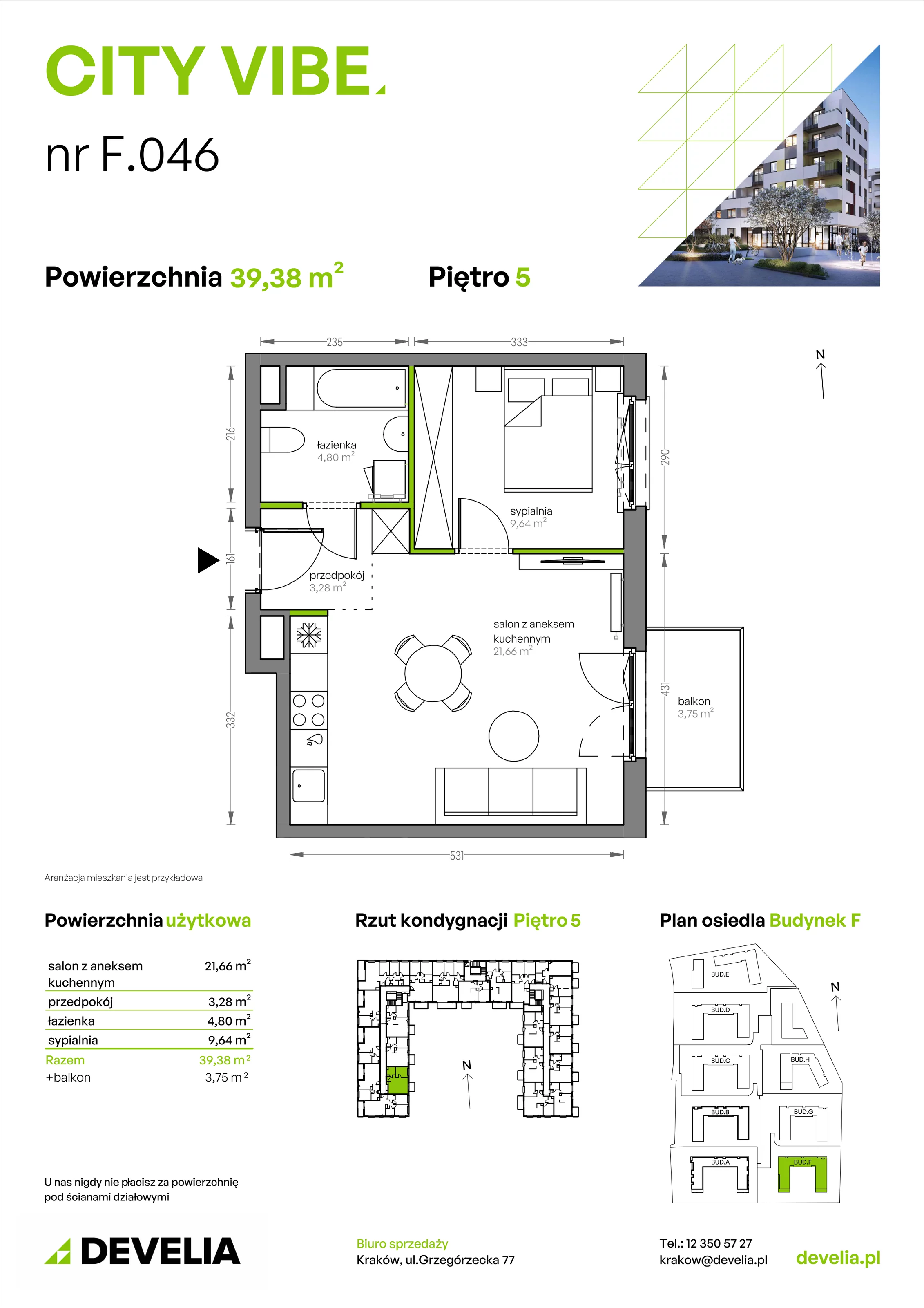 2 pokoje, mieszkanie 39,38 m², piętro 5, oferta nr F/046, City Vibe etap V, Kraków, Podgórze, Płaszów, ul. Myśliwska 68