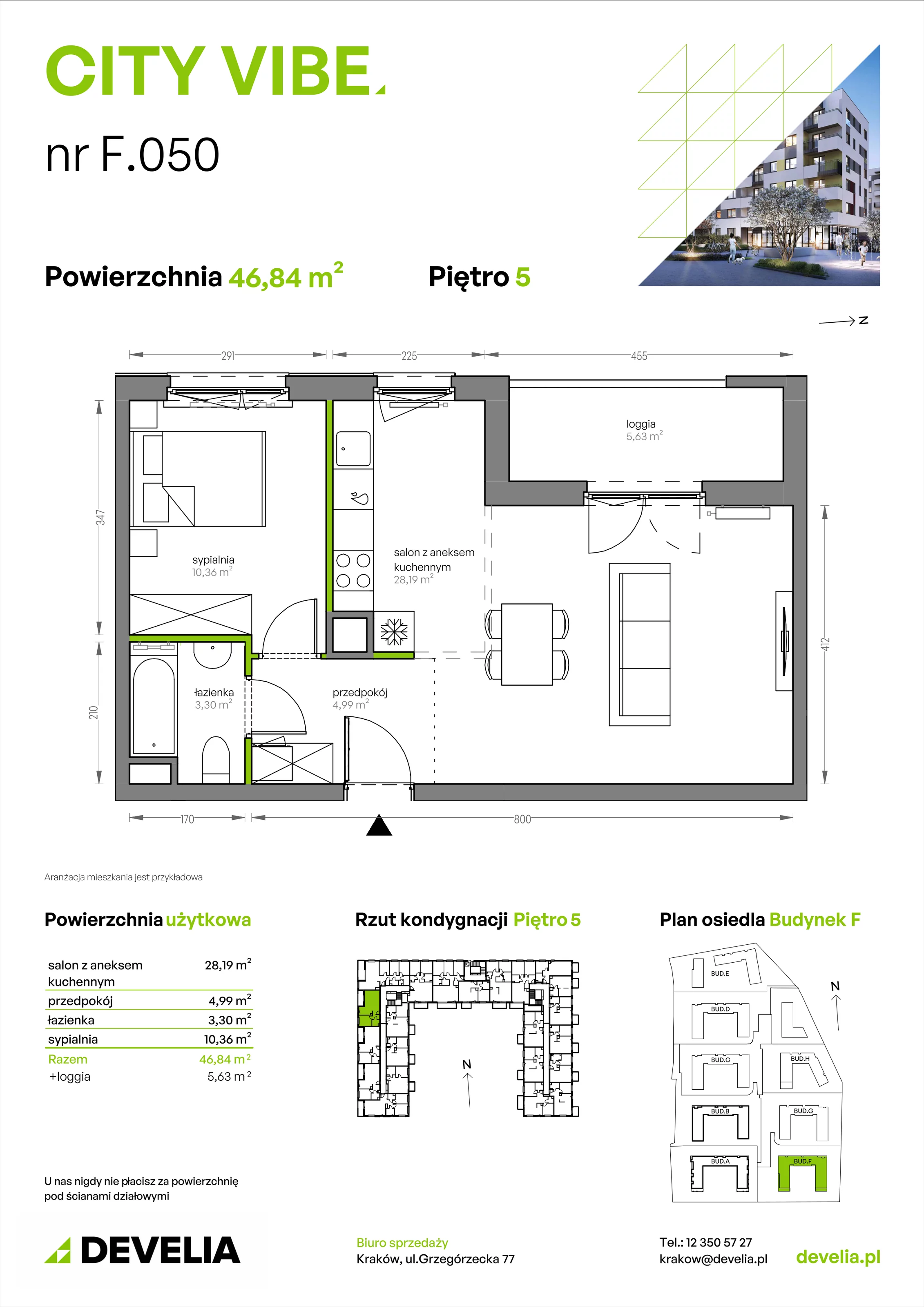 2 pokoje, mieszkanie 46,84 m², piętro 5, oferta nr F/050, City Vibe etap V, Kraków, Podgórze, Płaszów, ul. Myśliwska 68
