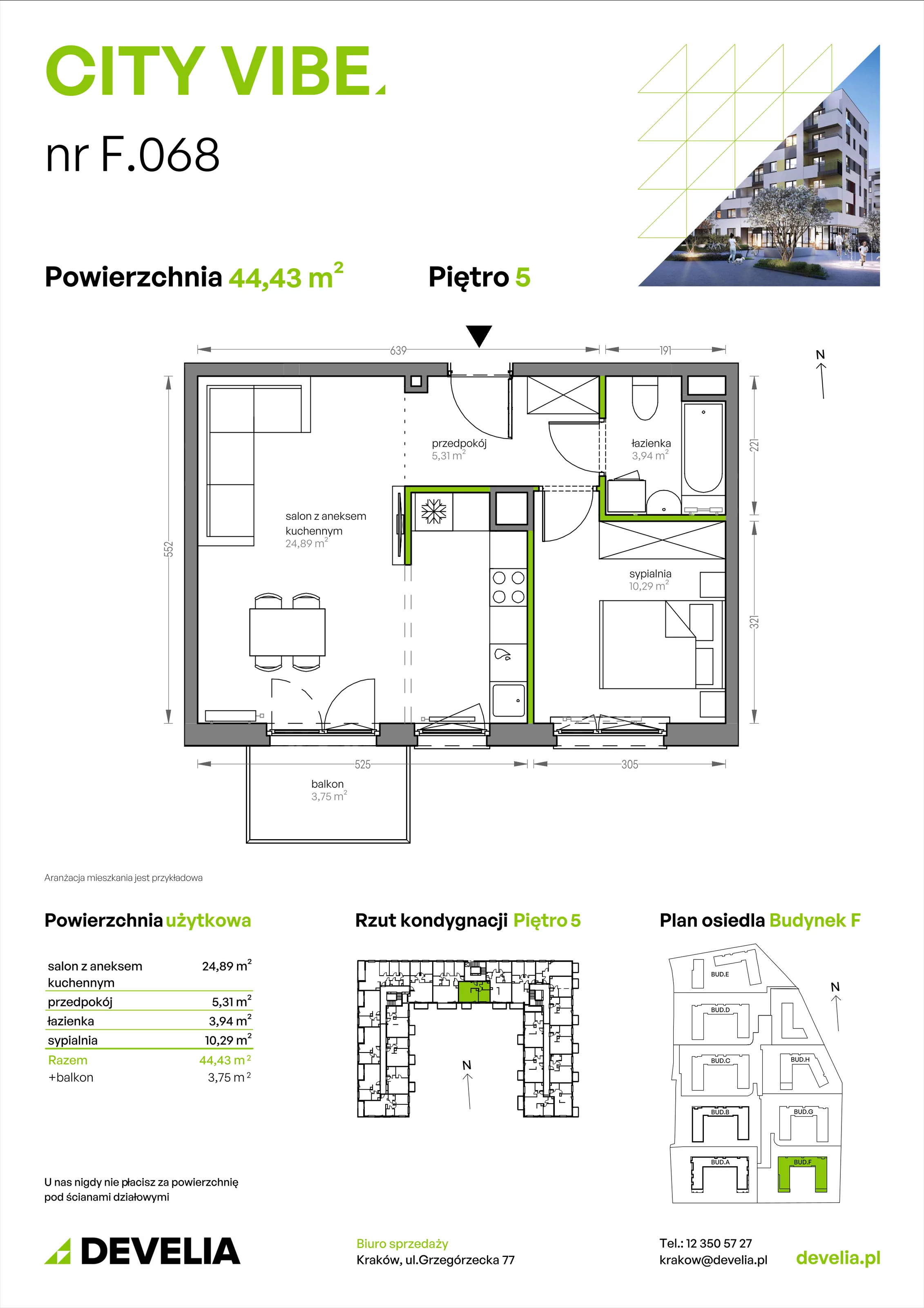 2 pokoje, mieszkanie 44,43 m², piętro 5, oferta nr F/068, City Vibe etap V, Kraków, Podgórze, Płaszów, ul. Myśliwska 68